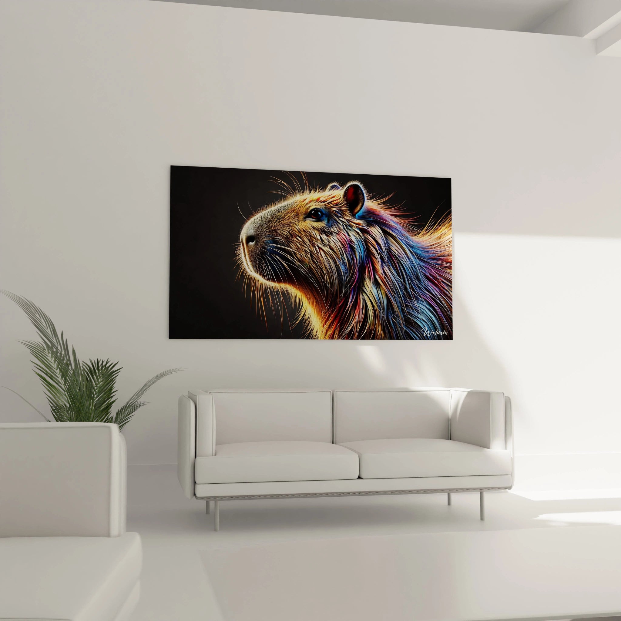 Dans le salon au-dessus du canapé, ce tableau capybara attire tous les regards avec ses couleurs éclatantes et son style artistique vibrant. Un ajout parfait pour un décor contemporain.