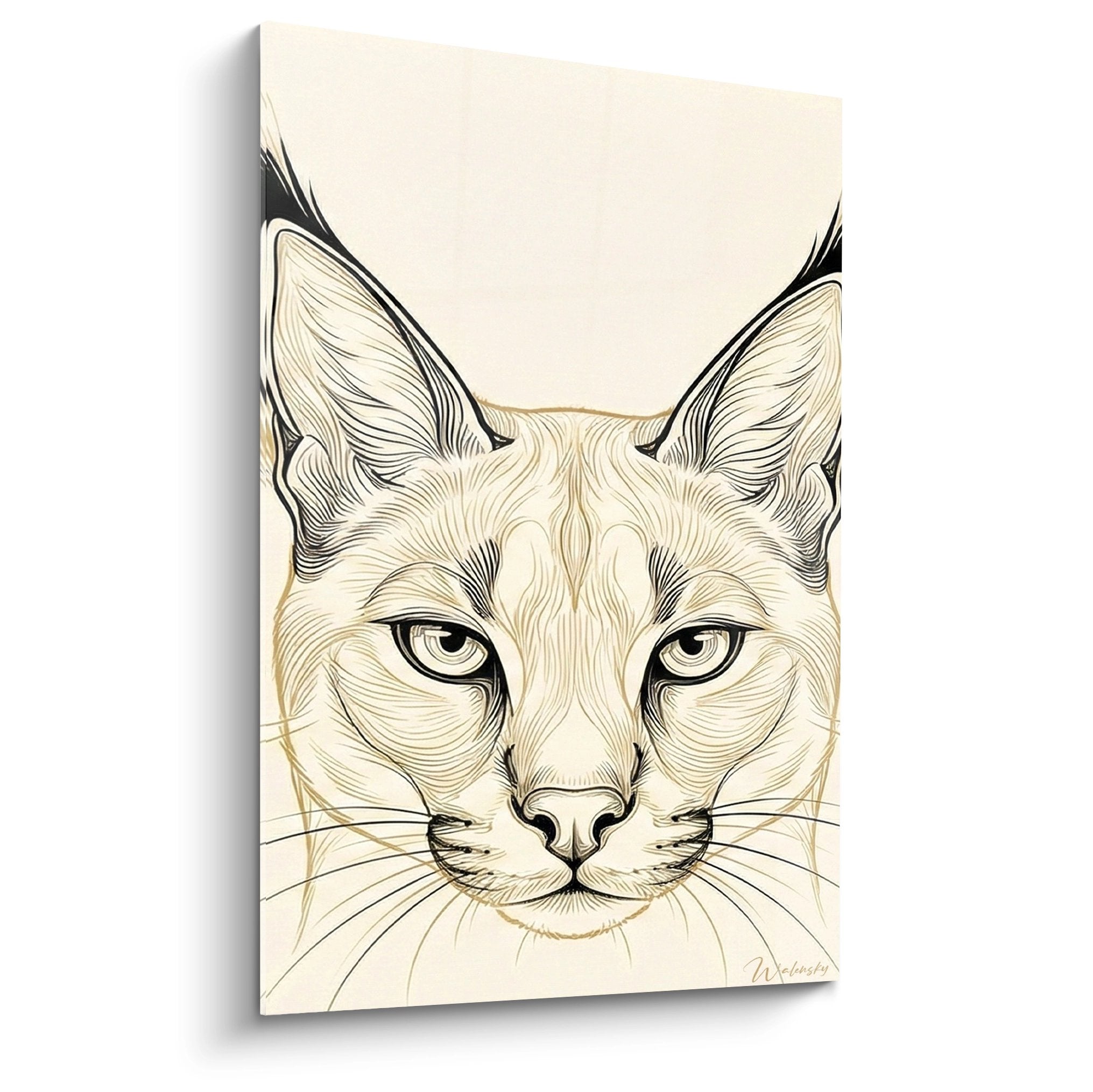 Künstlerische Illustration Caracal Creme- und Schwarztöne Felinporträt wilde Katze buschige Ohren intensiver Blick