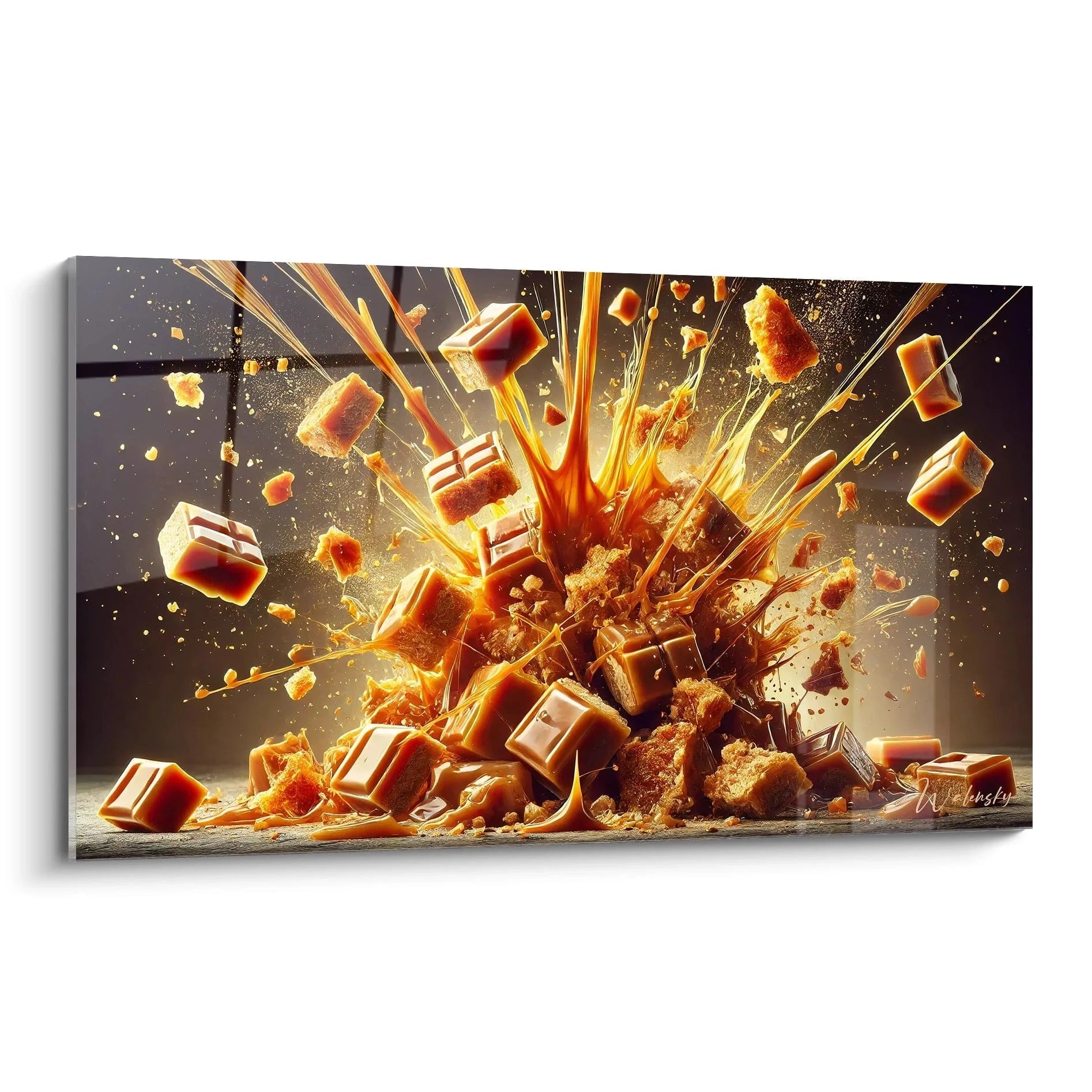 Le tableau cuisine est vu de biais, capturant l'explosion sucrée de caramel avec des tons dorés et bruns, créant un effet de mouvement suspendu. L'intensité visuelle fait ressortir la gourmandise.