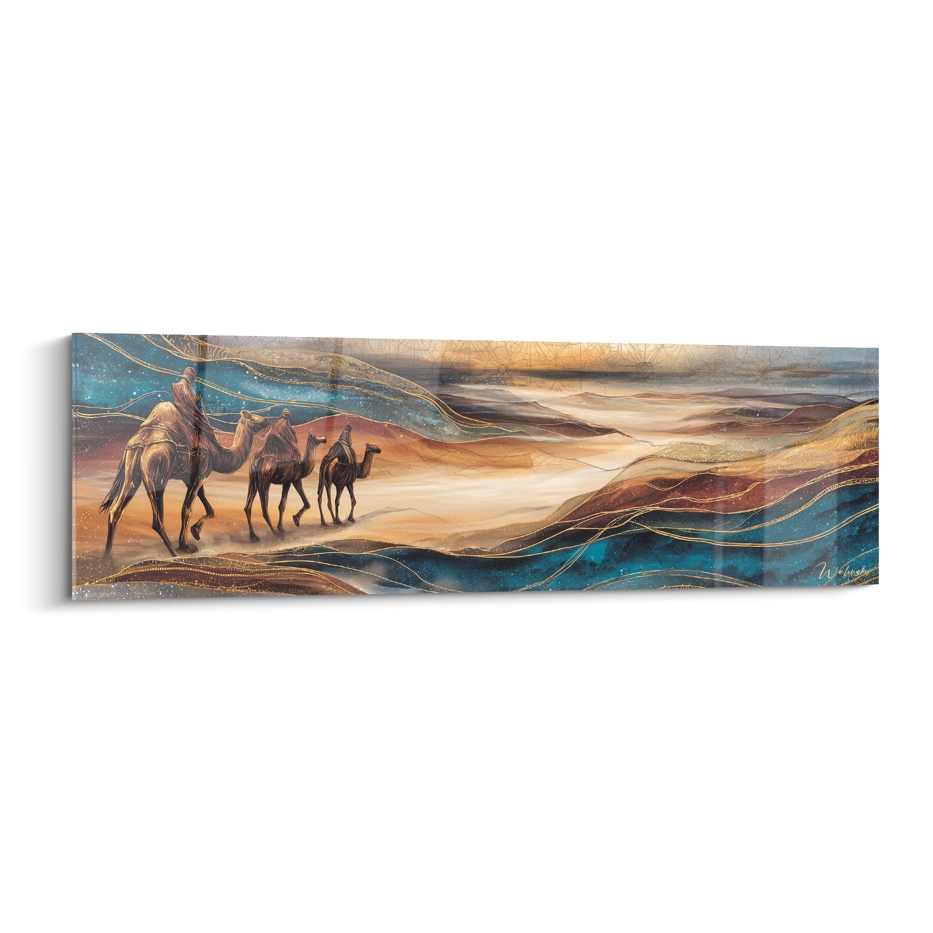 Tableau mural caravane chameaux désert tons dorés bleus décoration orientale moderne voyage