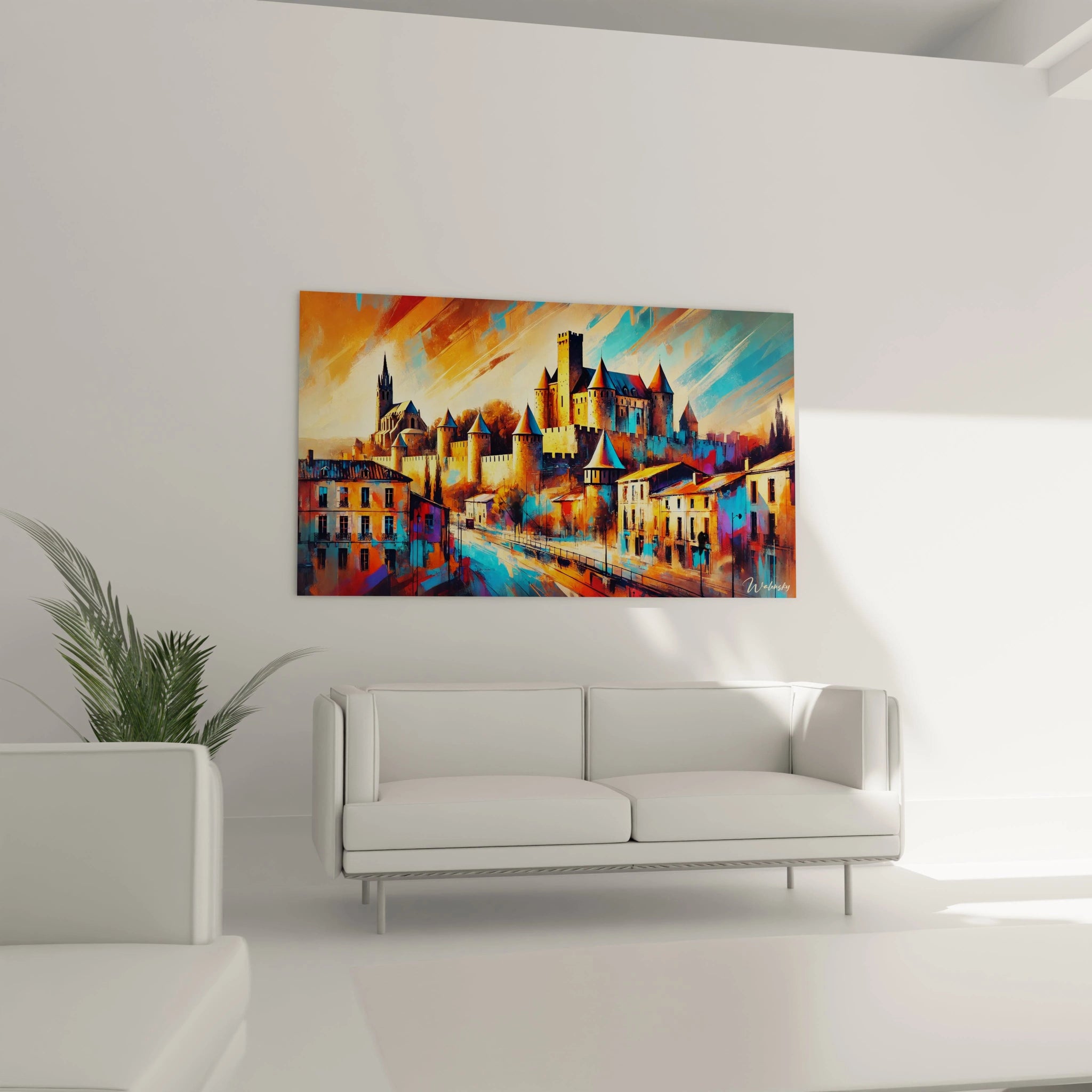 tableau france accroche dans un salon contemporain au dessus d un canape apportant modernite et chaleur avec ses couleurs vibrantes inspirant un voyage a travers les citadelles fortifiees de france