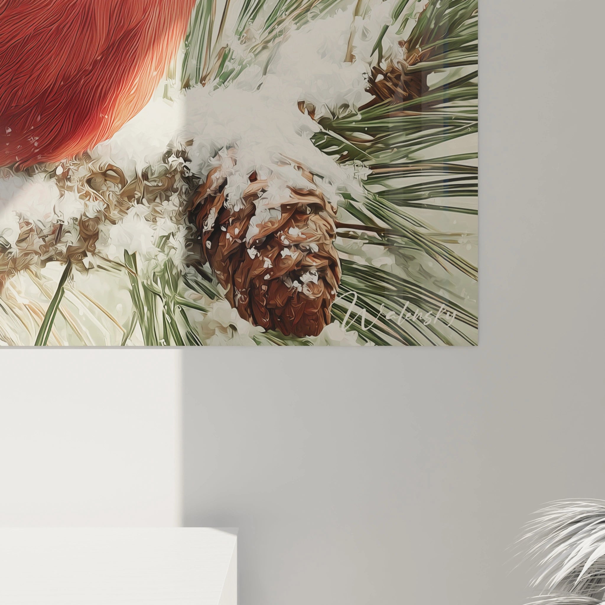 Tableau cardinal décoration murale Noël avec des épines de pin et une ambiance hivernale festive