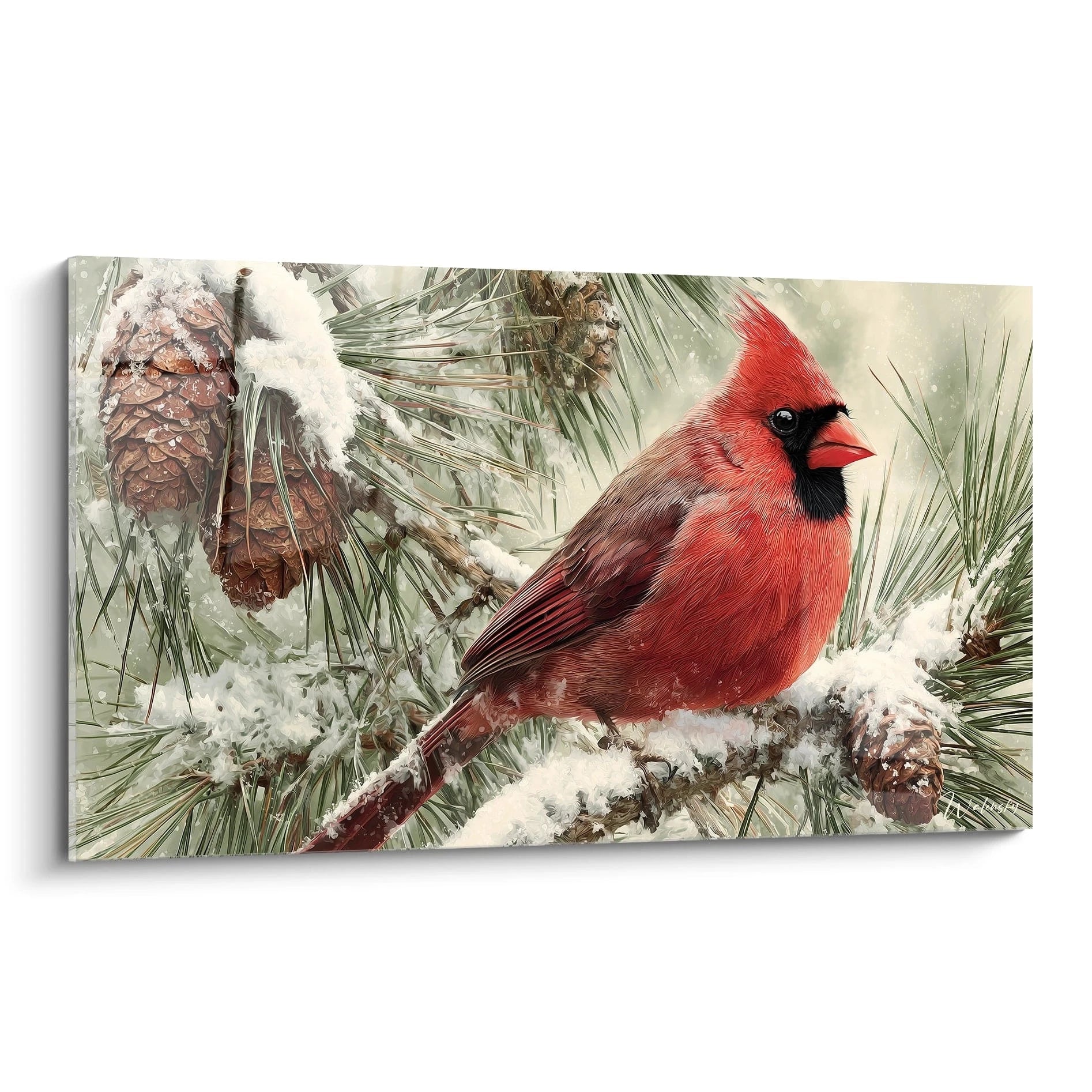 Tableau cardinal décoration murale Noël sur une branche de pin avec de la neige