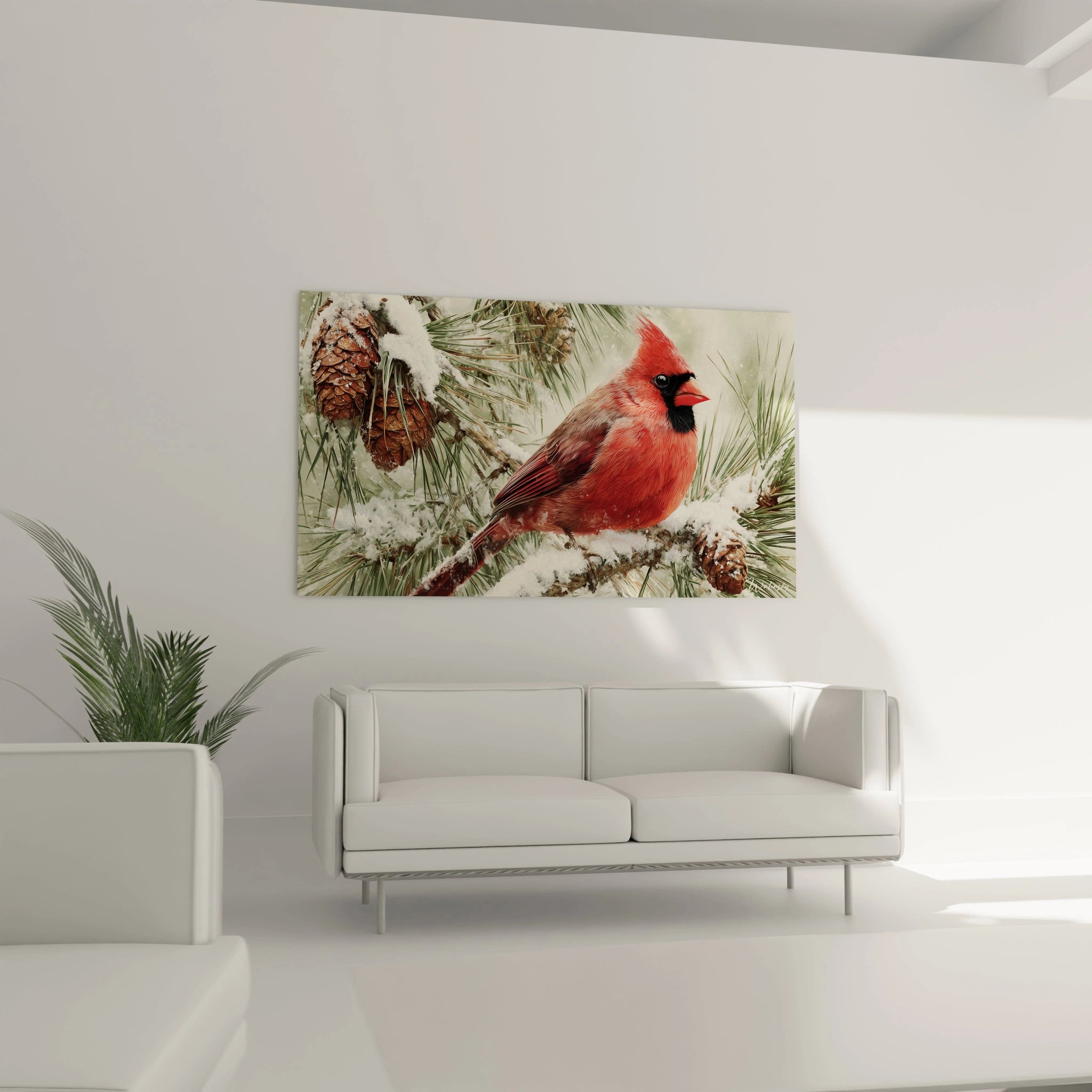 Tableau cardinal décoration murale Noël avec un cardinal sur fond de pin