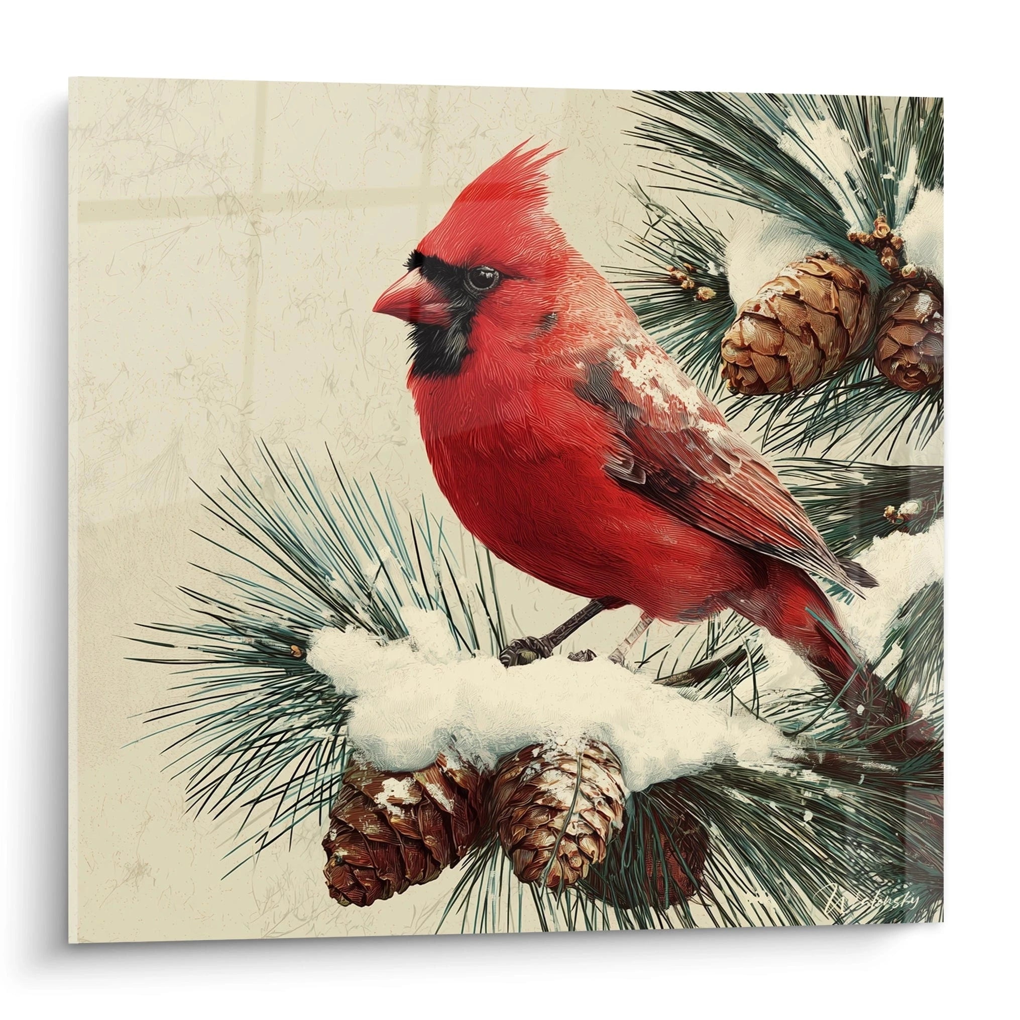 Tableau cardinal rouge Noël sur fond de branches de pin avec des cônes de pin dans la neige