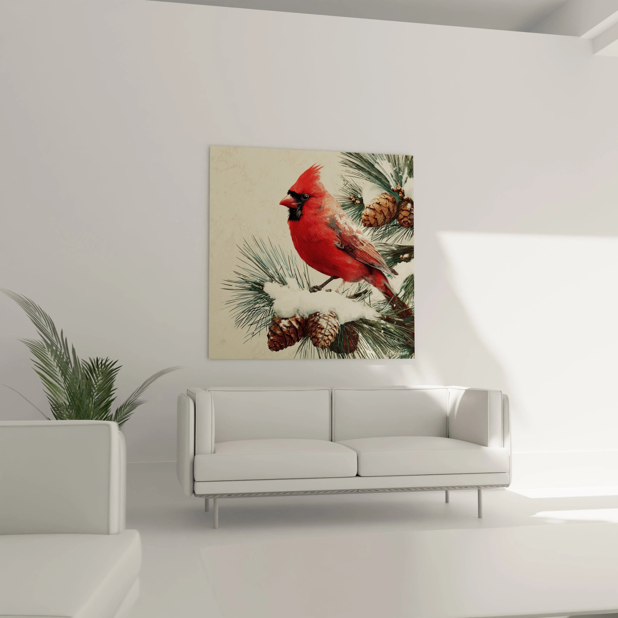 Tableau cardinal rouge Noël avec des rameaux de pin et pommes de pin sur un mur moderne