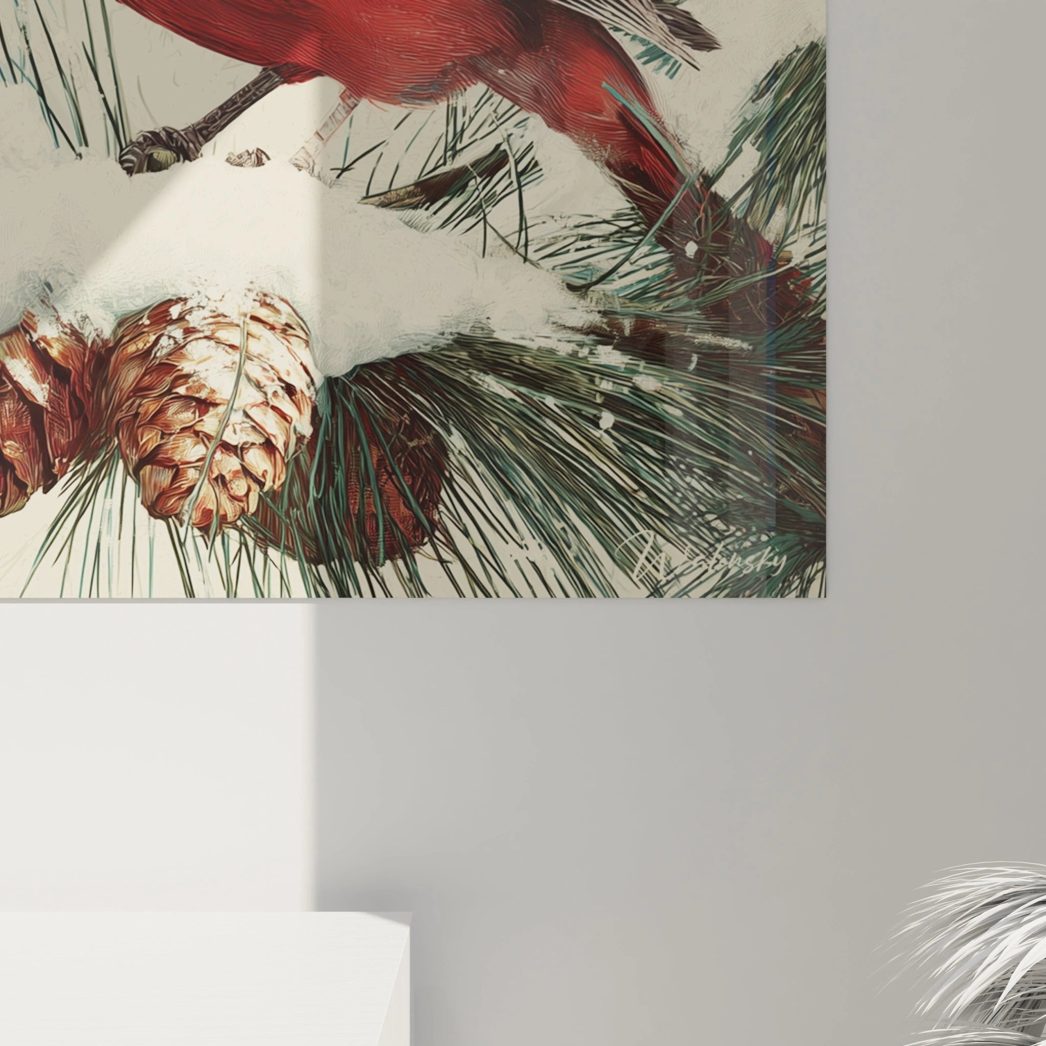 Tableau mural cardinal rouge Noël sur fond de pins avec cônes de pin décoratifs