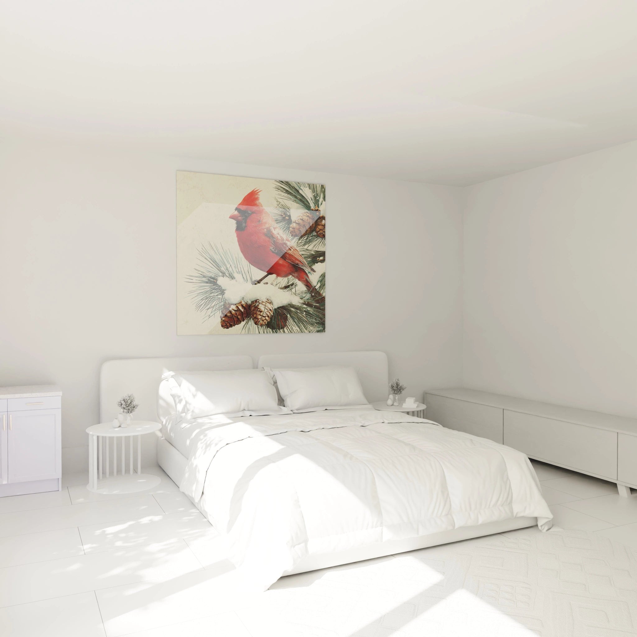 Tableau mural cardinal rouge Noël sur un mur neutre dans une chambre lumineuse et moderne