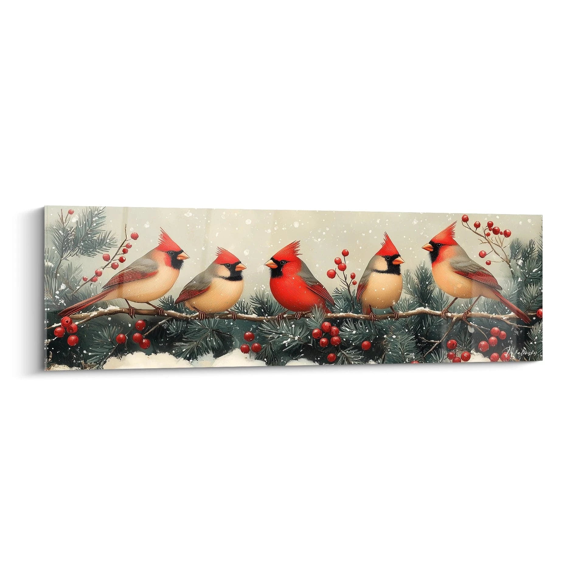 Tableau oiseau Walensky avec cinq cardinaux rouges perchés sur une branche enneigée aux baies rouges