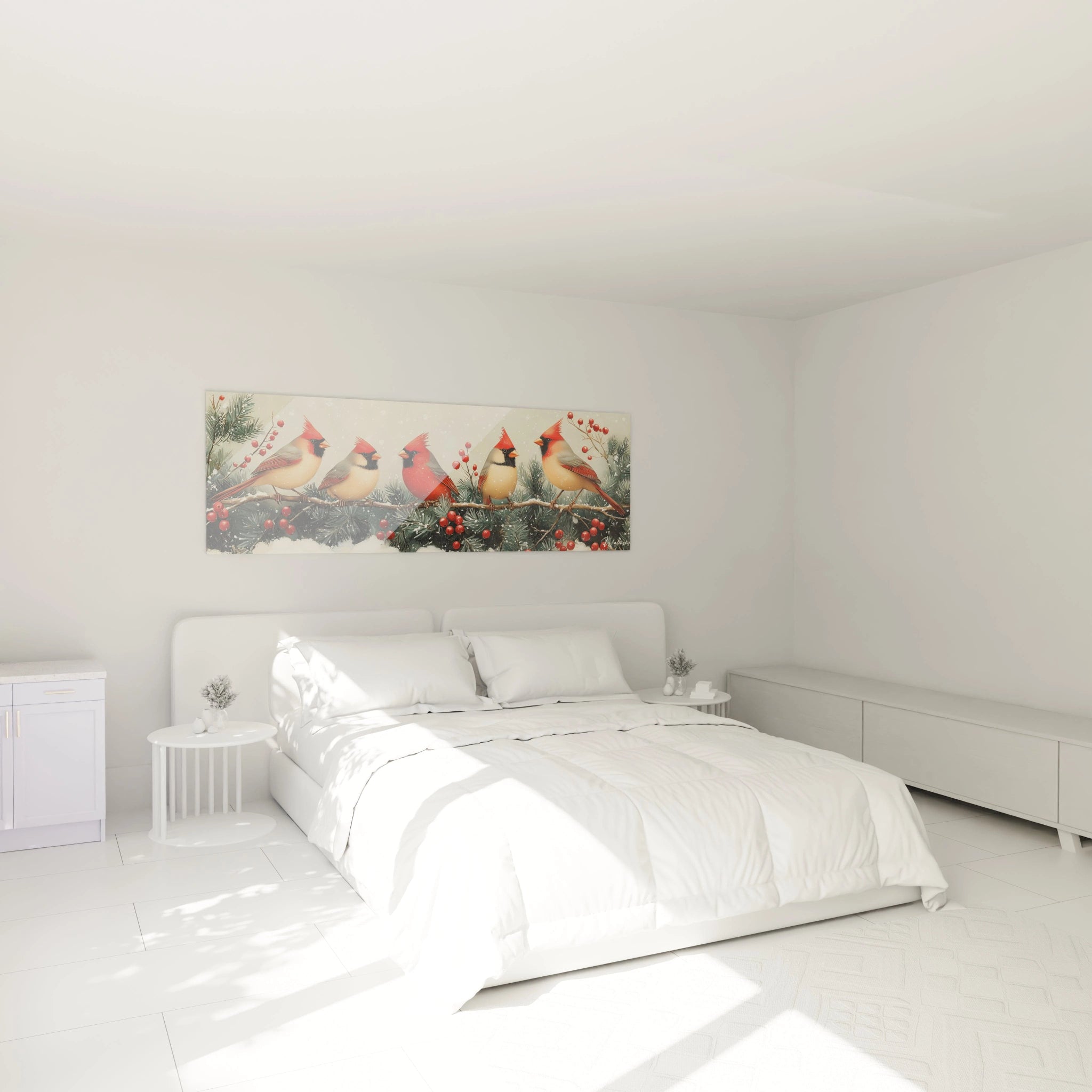 Tableau oiseau Walensky représentant des oiseaux colorés sur des branches avec des baies rouges au-dessus d'un lit blanc moderne