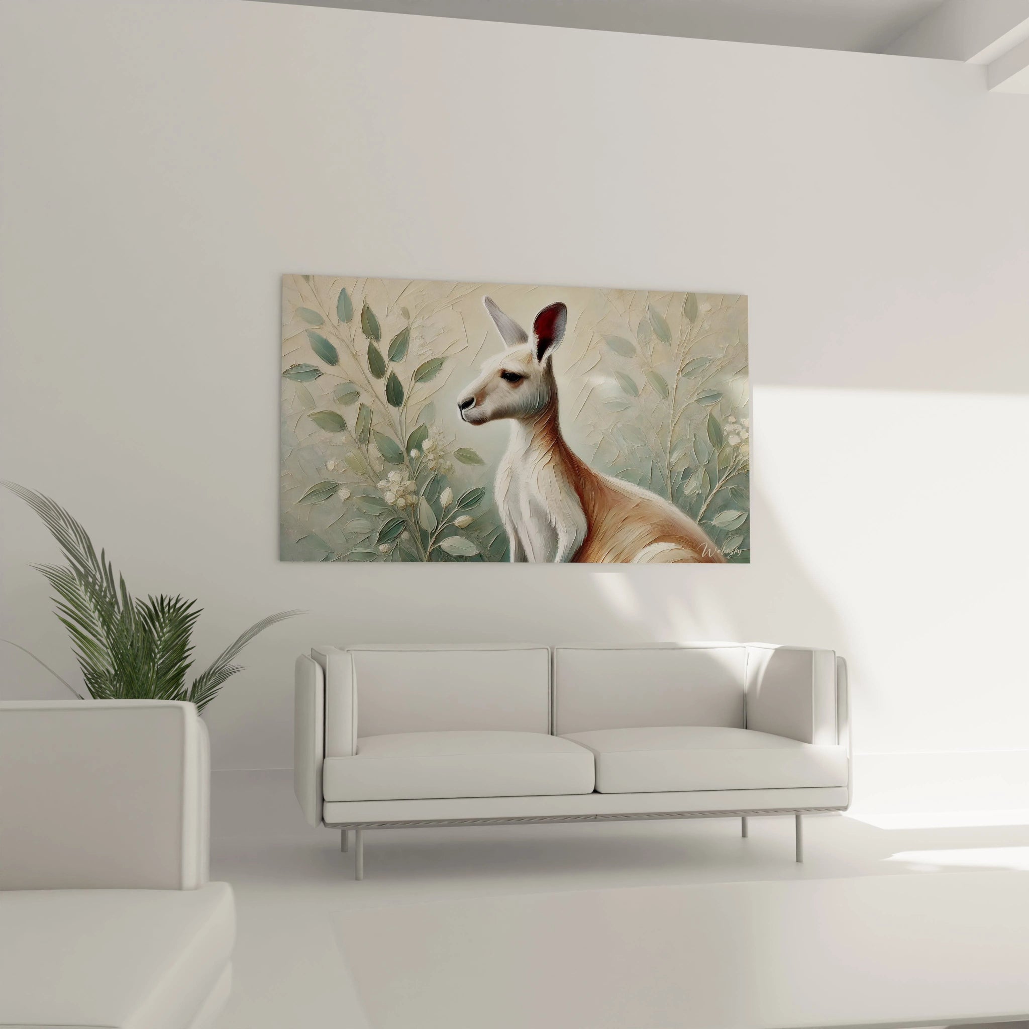 Apportez la nature dans votre salon avec ce tableau kangourou accroché au-dessus du canapé. La tranquillité de l’animal et l’harmonie des teintes apaisantes s’intègrent parfaitement à votre décoration.