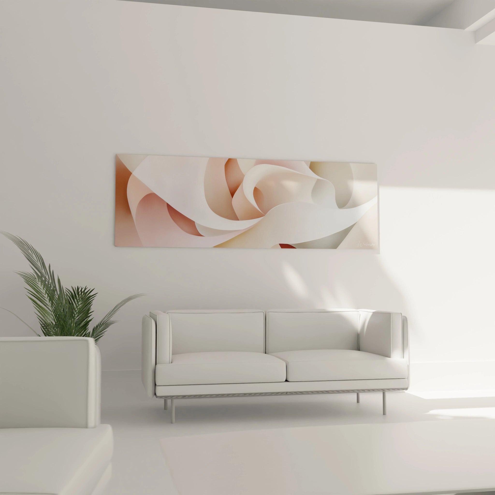 Tableau moderne abstrait Walensky avec des formes douces et des nuances pastel dans un salon contemporain