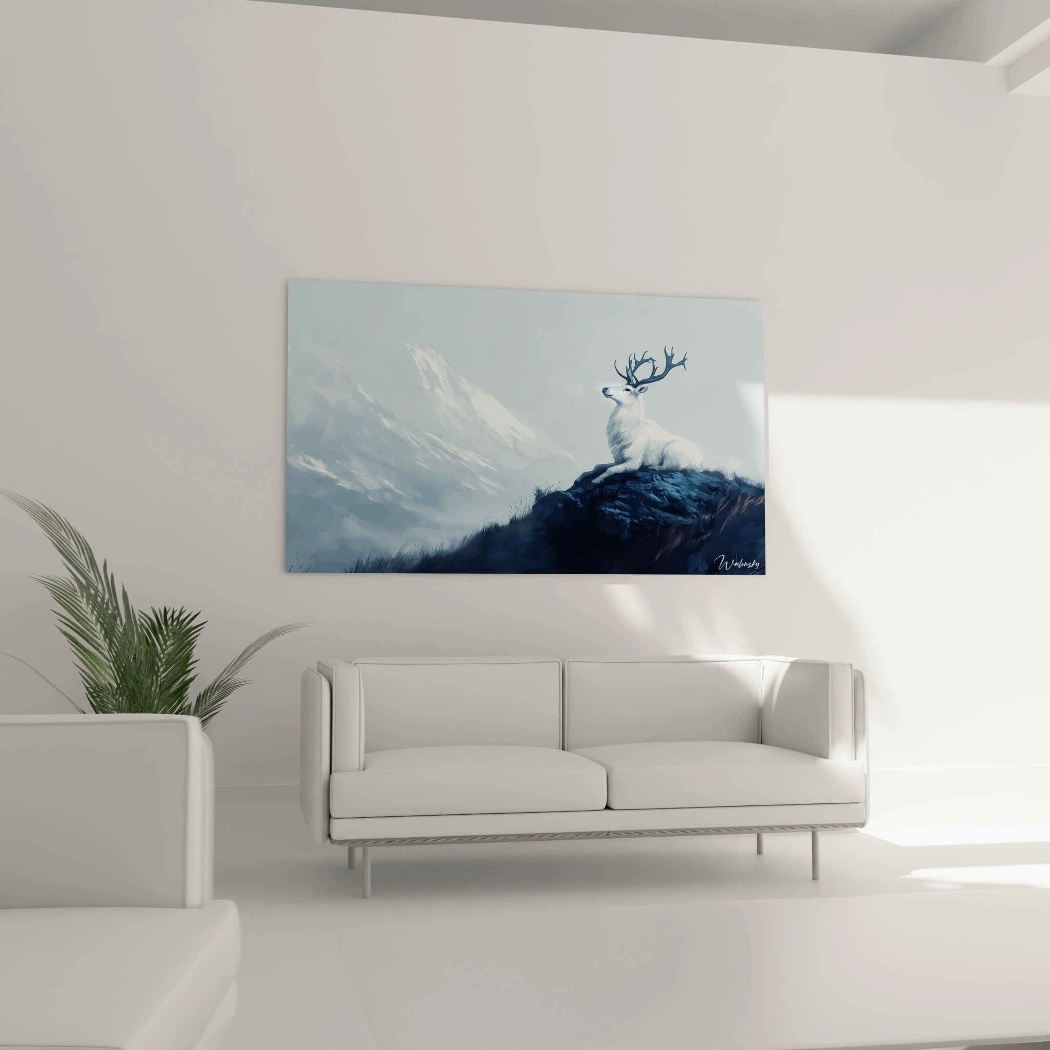 Un tableau artistique abstrait figurant un caribou blanc aux bois ramifiés, perché sur un promontoire rocheux noir, avec en arrière-plan des montagnes vaporeuses dans différentes nuances de bleu.