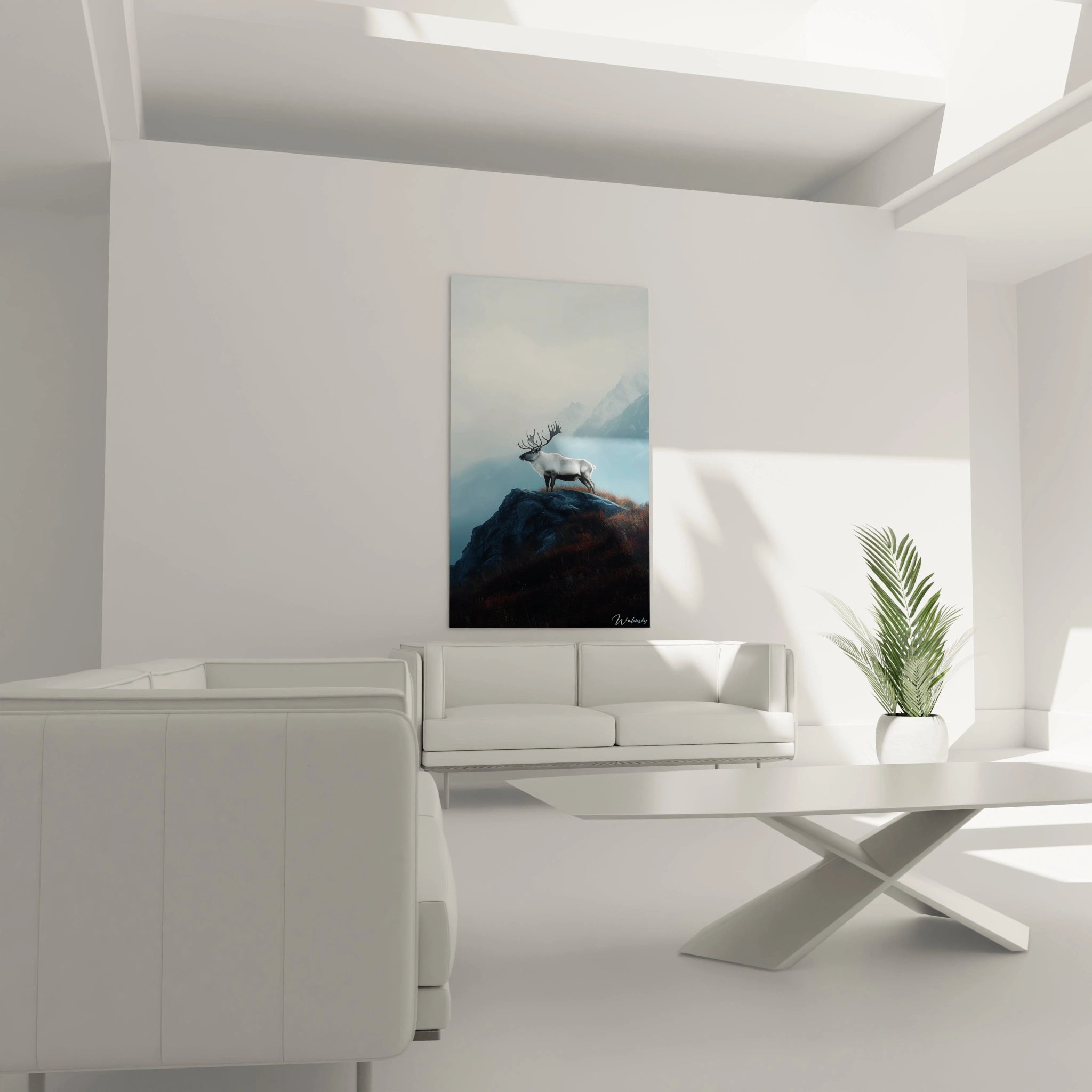 Un tableau artistique abstrait figurant un caribou à la silhouette élégante observant son territoire depuis une hauteur rocheuse. L'atmosphère vaporeuse bleu-gris enveloppe des montagnes lointaines, contrastant avec les tons bruns-rouges de la végétation.