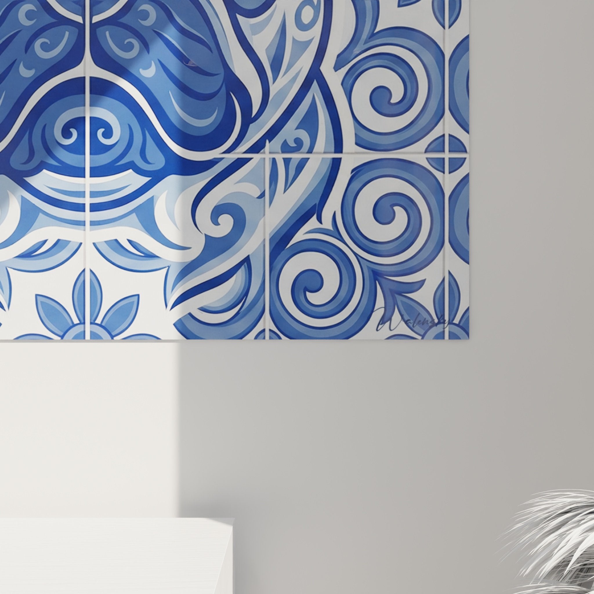 Vue ensemble tableau carlin mosaïque bleue style céramique portugaise décoration murale