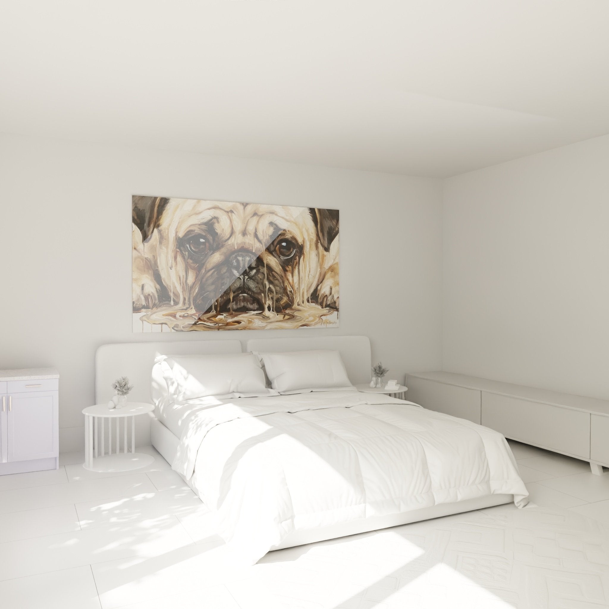 Tableau carlin chambre decoration murale art animalier contemporain tons neutres beiges ambiance chaleureuse