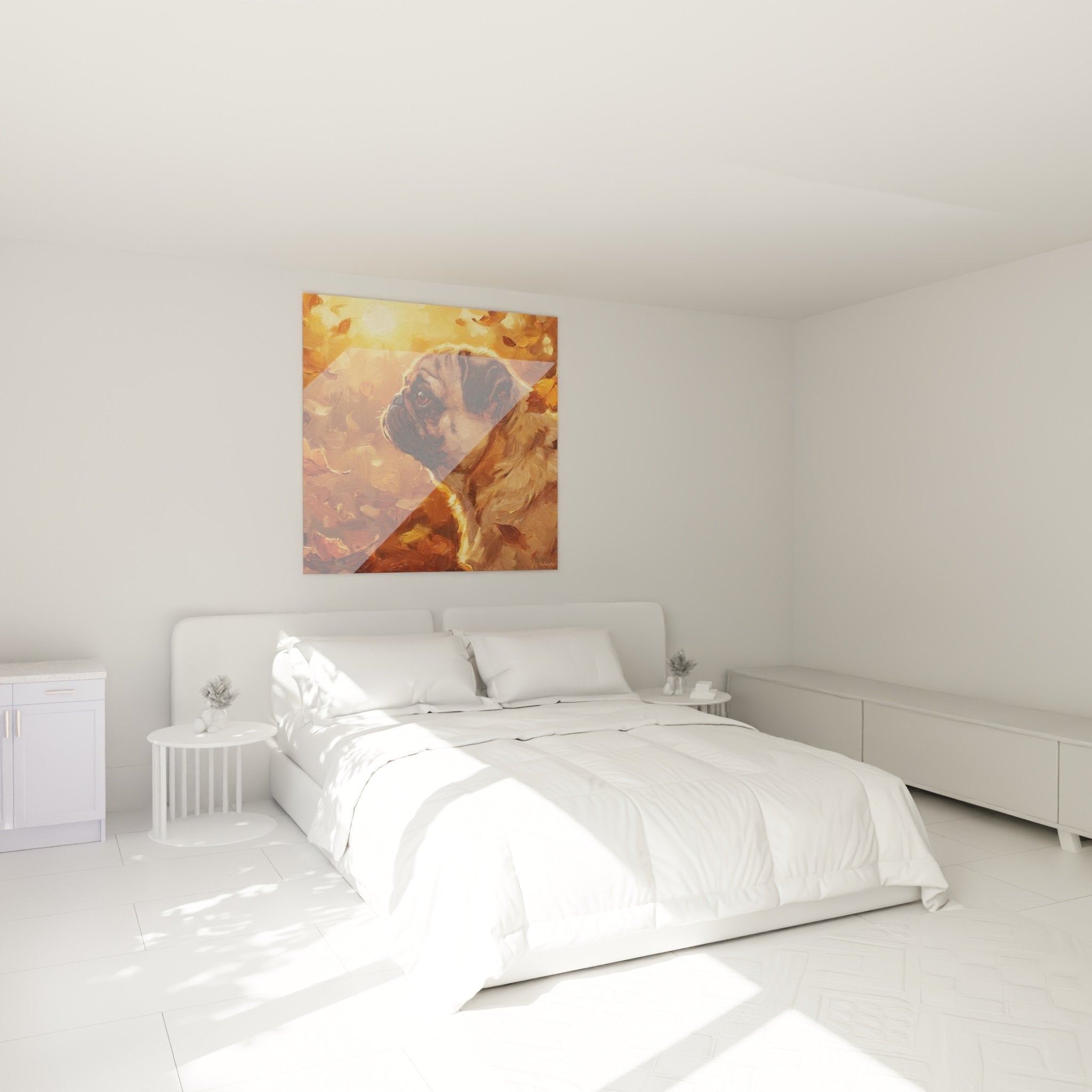 Porträt mops golden wanddekoration schlafzimmer warme atmosphäre gemälde hund ausdrucksstark herbsttöne
