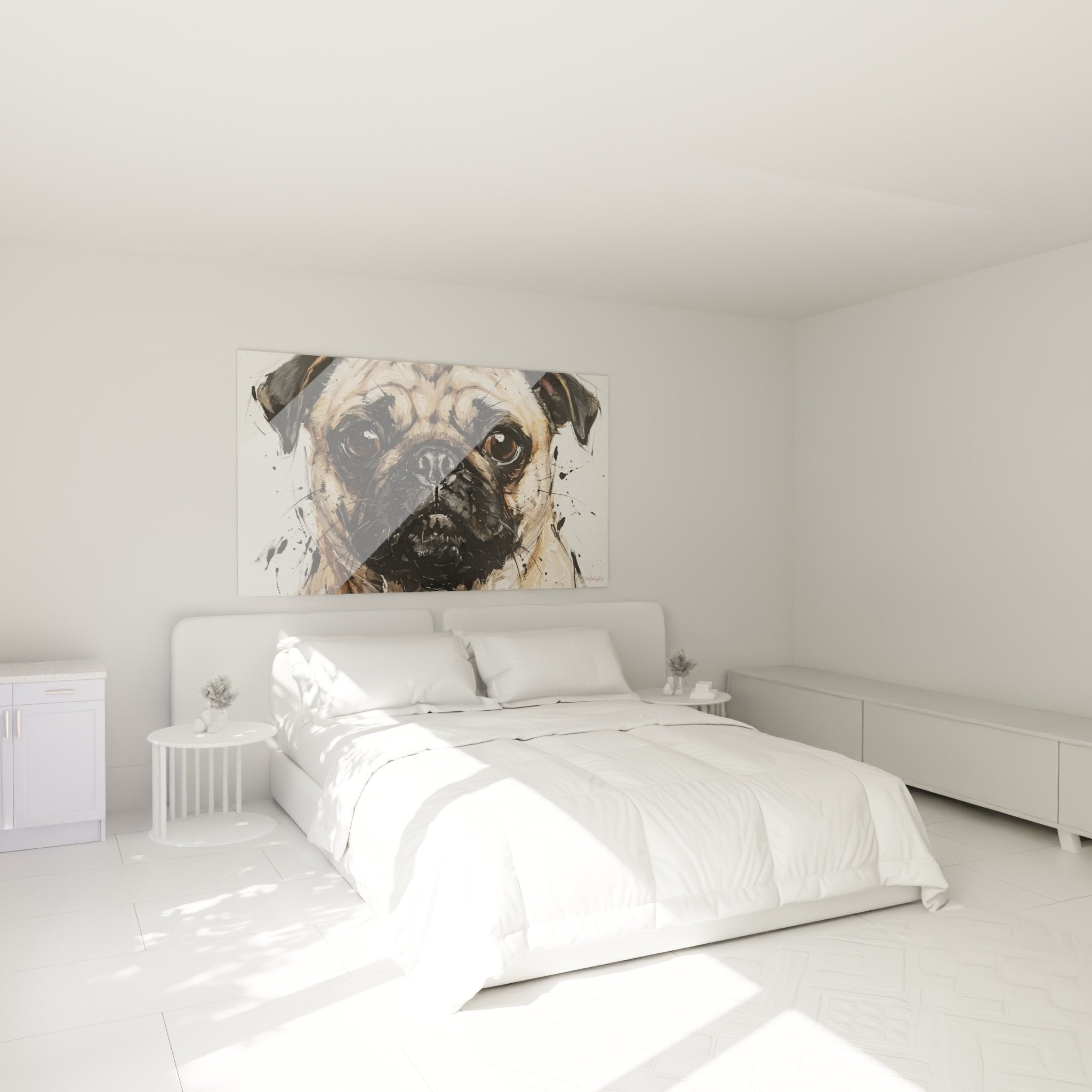 Ausdrucksstarkes Mops-Porträt-Gemälde in modernem Schlafzimmer mit neutralen Tönen und zeitgenössischen Möbeln