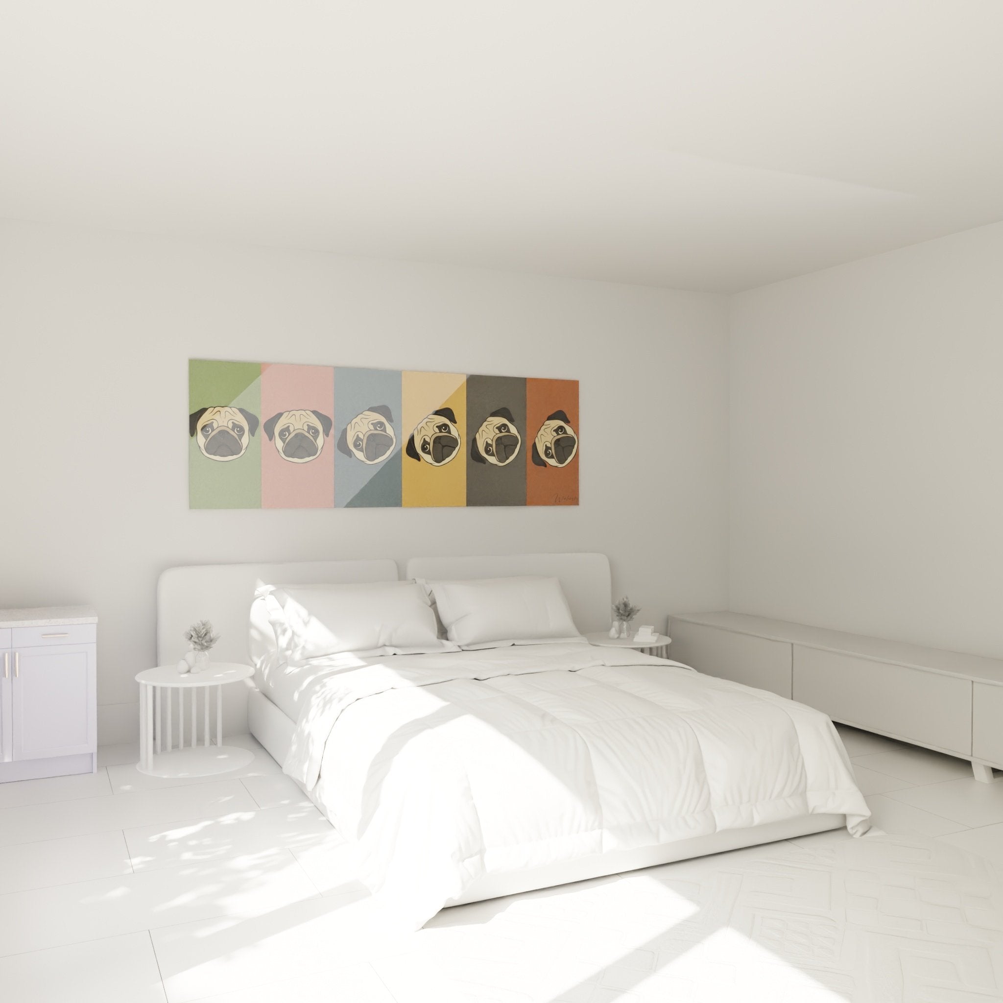 Mehrfarbiges Mops-Gemälde über einem Bett in einem modernen Schlafzimmer mit natürlichen Tönen aufgehängt