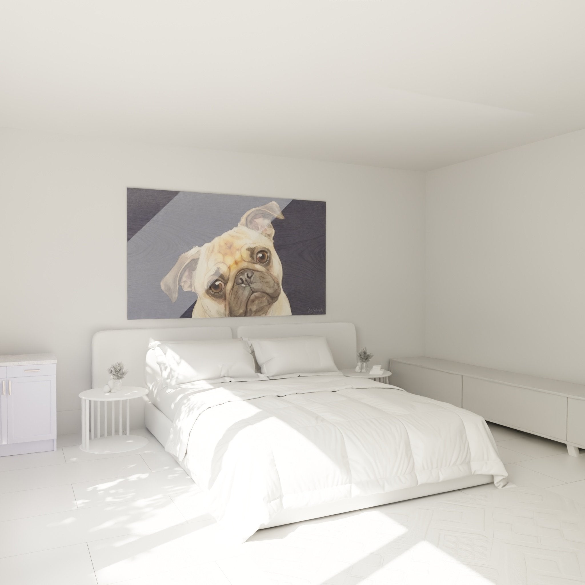 Tableau carlin regard attendrissant décorant chambre ambiance chaleureuse mur clair mobilier bois naturel