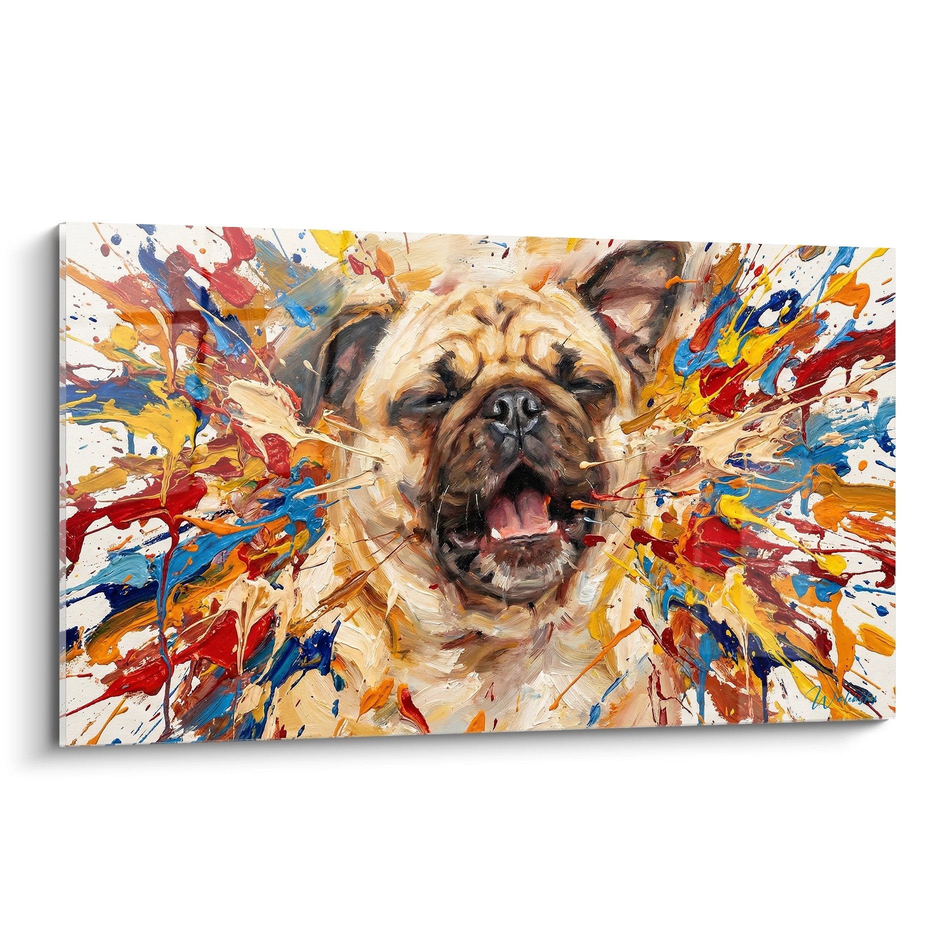 Happy pug painting with colorful splashes modern expressionist art style on white background