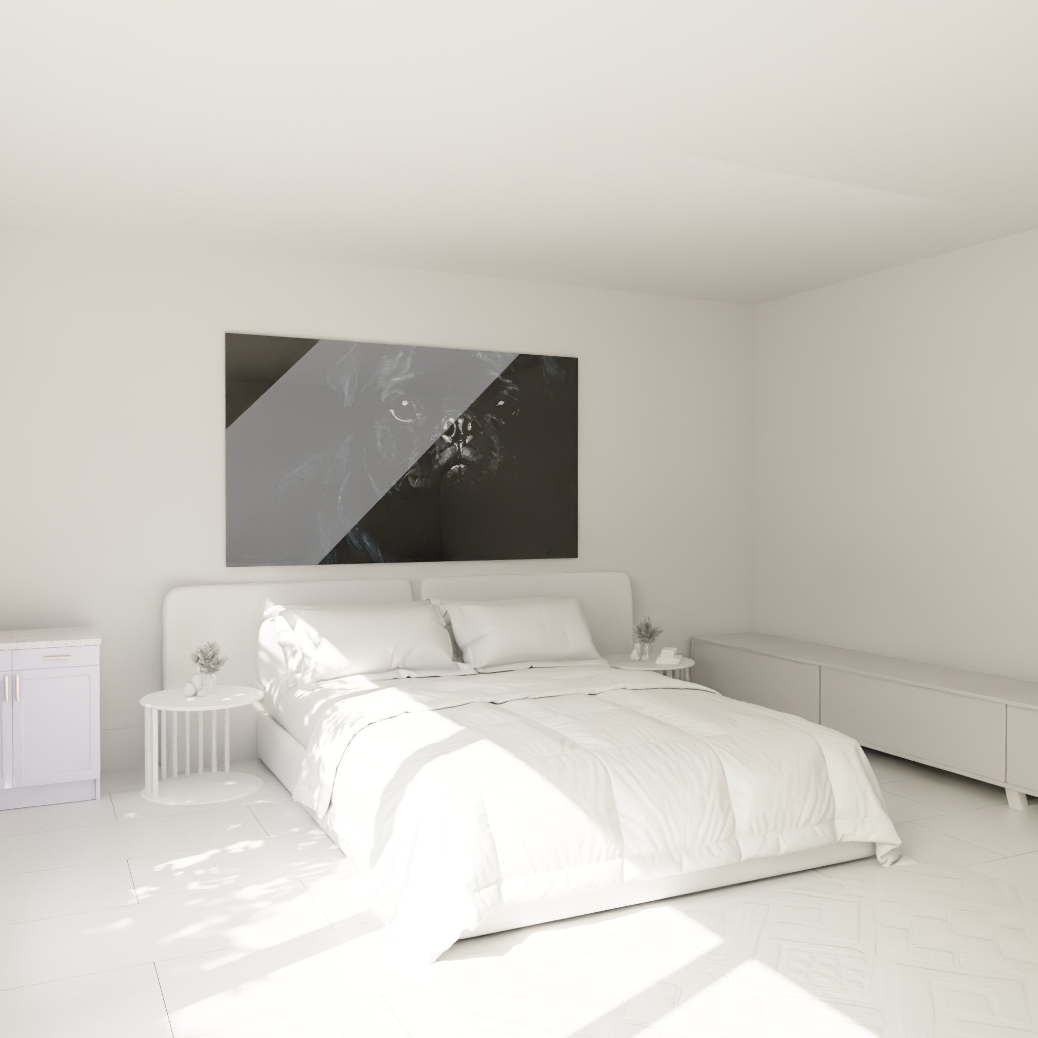 Tableau carlin noir regard profond dans chambre moderne murs blancs decoration murale elegante
