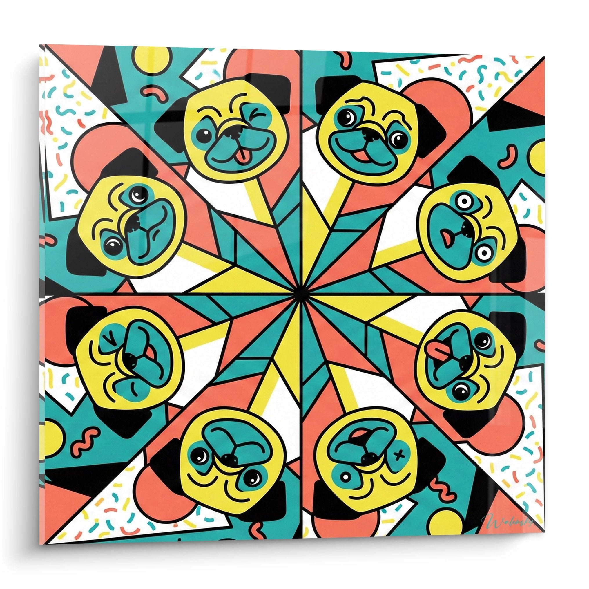 wall art pugs kaleidoscopic geometric patterns turquoise coral yellow radial composition