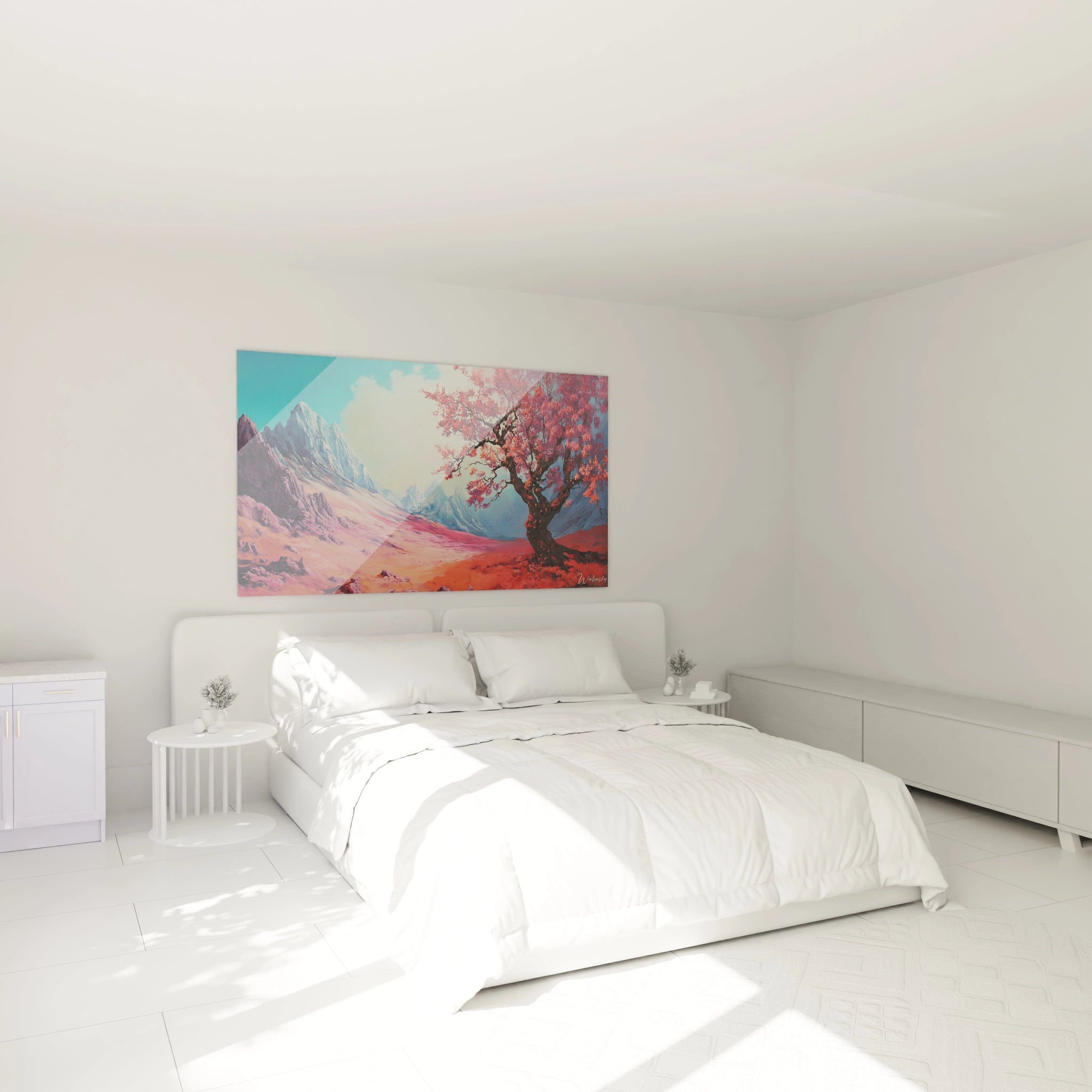 Tableau montagne contemporain montrant un paysage alpin stylisé avec un arbre rouge flamboyant au premier plan, des sommets bleutés et des pentes colorées en rose et orange vif.