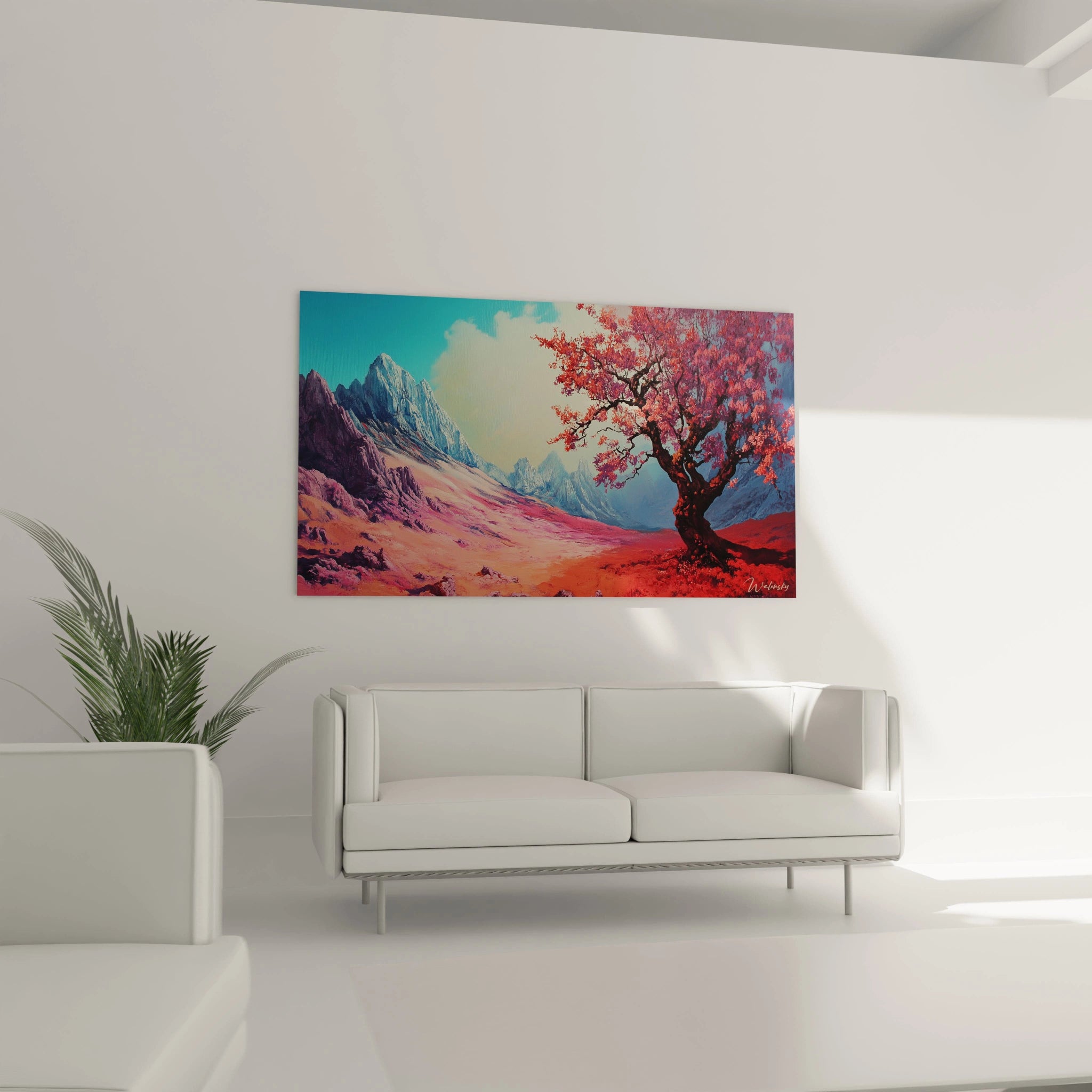 Représentation artistique d'un tableau montagne avec un arbre automnal rouge écarlate contrastant avec des montagnes aux tons bleus glacés, le tout sur un sol vibrant de couleurs chaudes orangées.