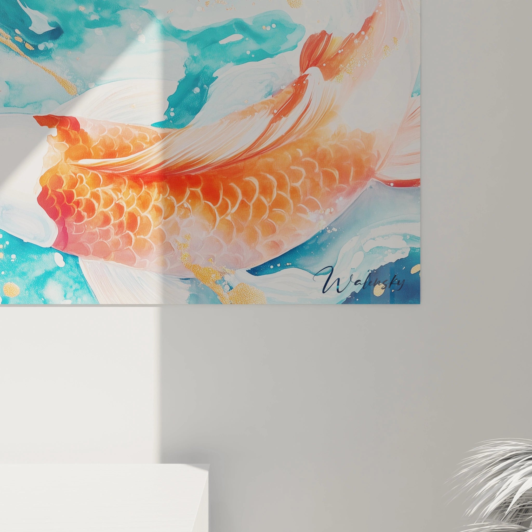 Tableau carpe koi de Walensky avec couleurs vives et motif aquatique pour décoration intérieure