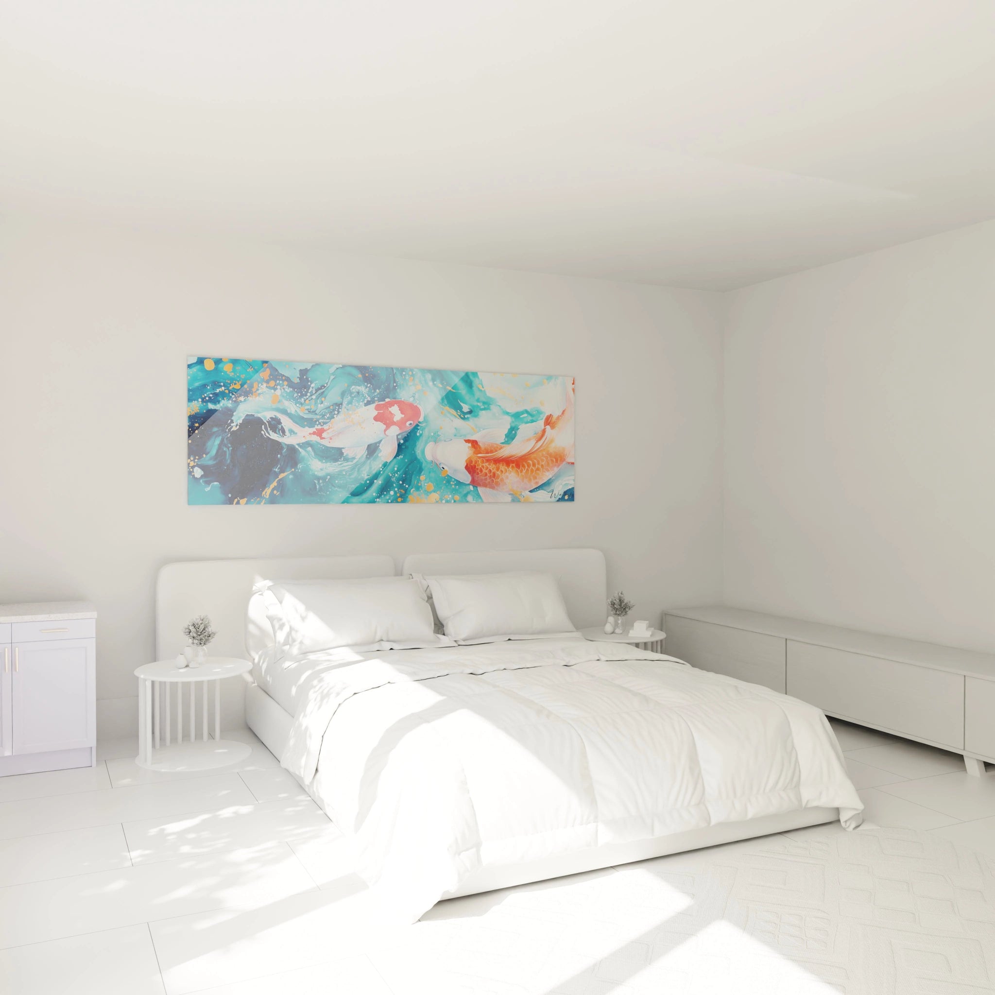 Tableau carpe koi Walensky dans une chambre moderne avec éclairage naturel