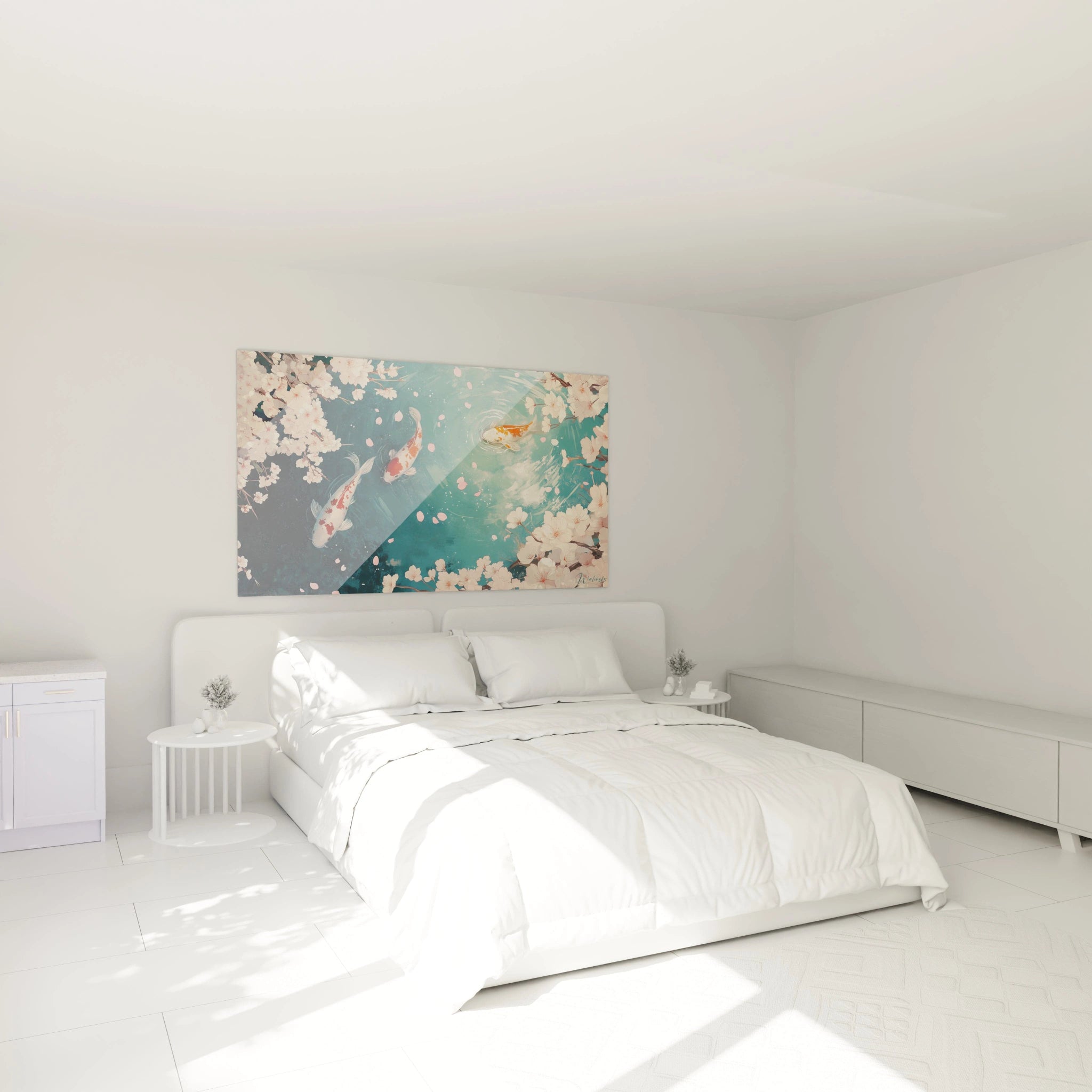 Tableau carpe koi Walensky au-dessus d'un lit dans une chambre lumineuse