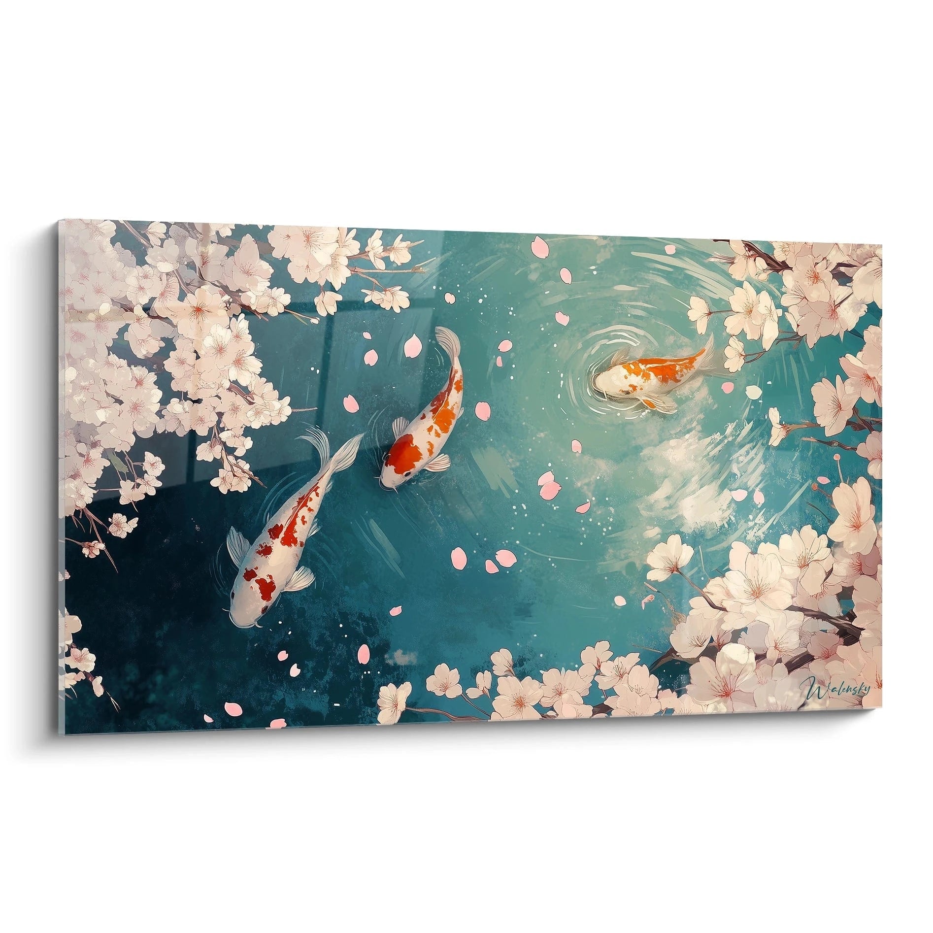 Tableau carpe koi Walensky avec des fleurs de cerisier et un étang tranquille