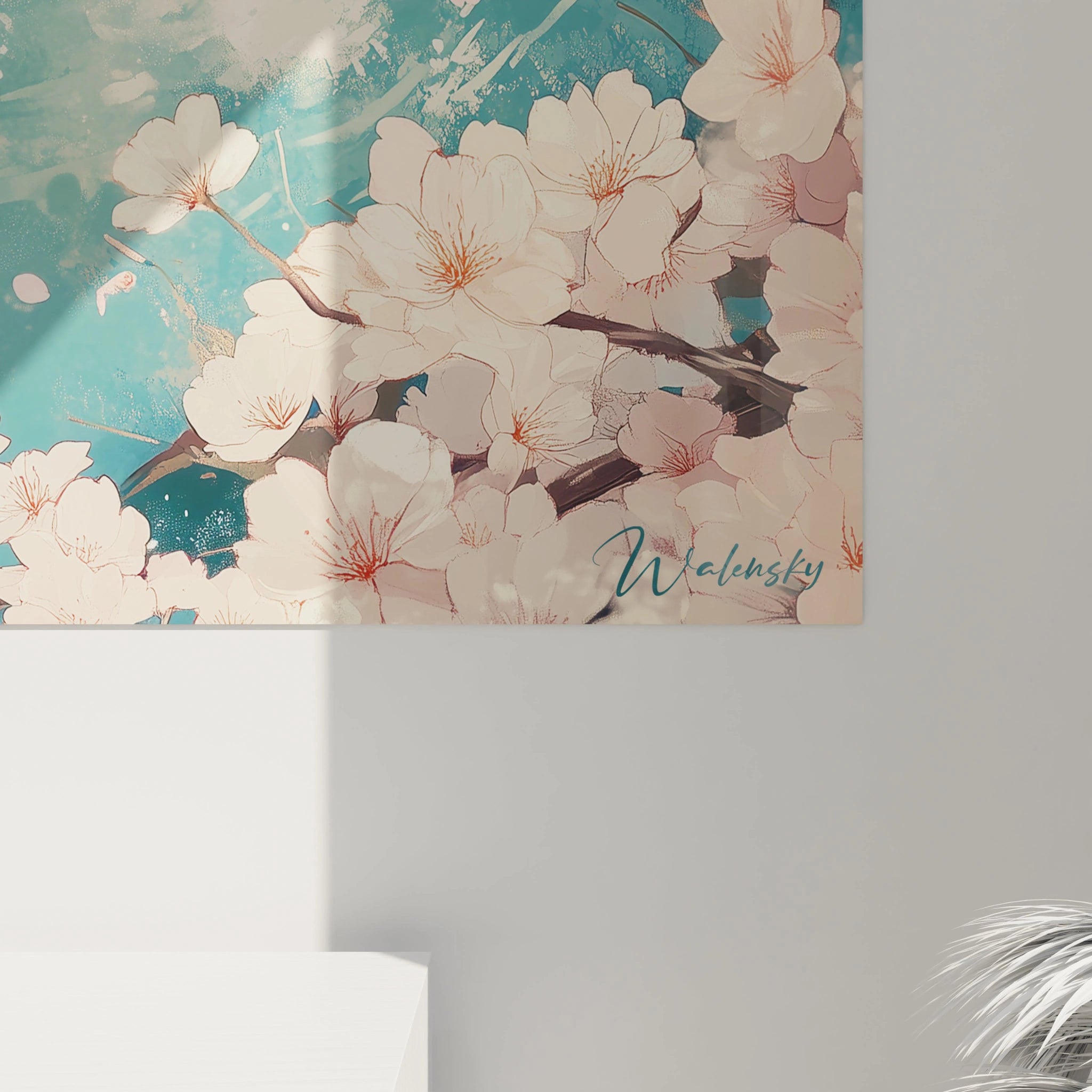 Tableau carpe koi de Walensky avec des fleurs pastel sur fond aquatique