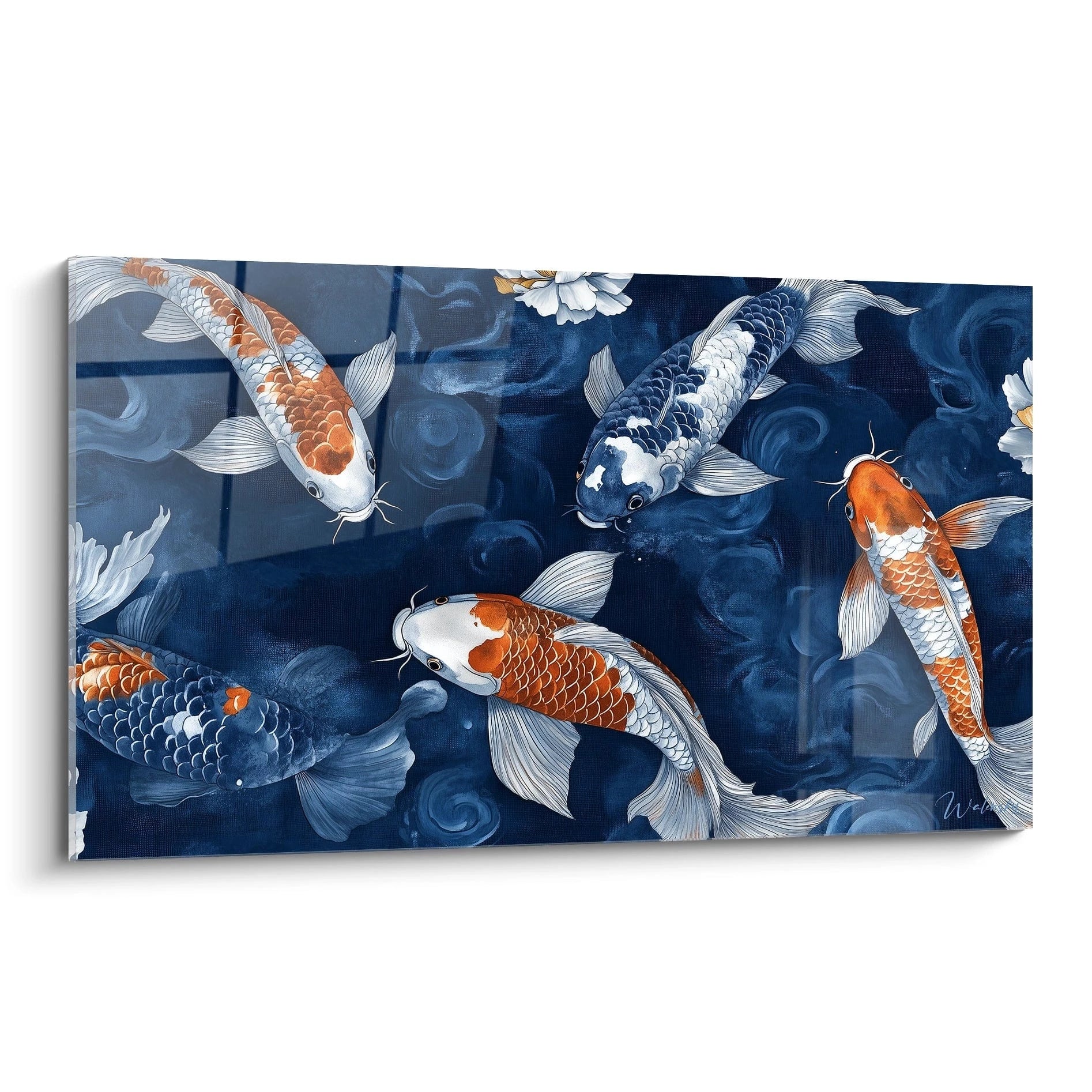 Tableau carpe koi de Walensky représentant des poissons colorés sur fond bleu