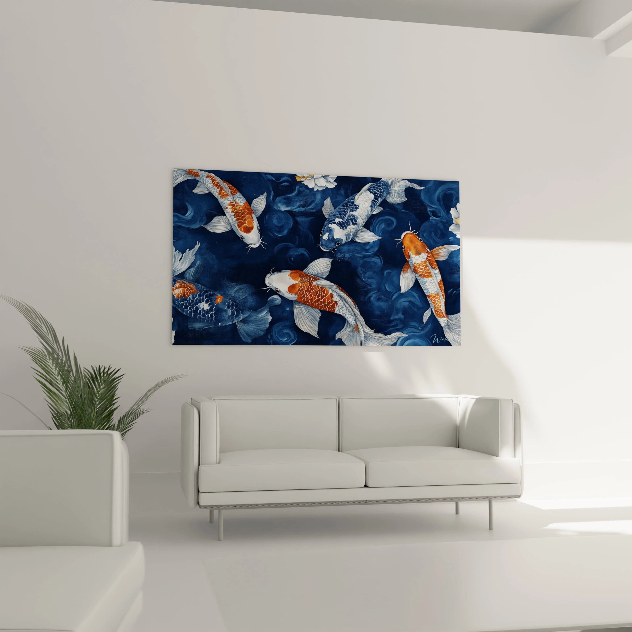 Tableau carpe koi Walensky sur fond bleu, idéal pour la décoration intérieure moderne