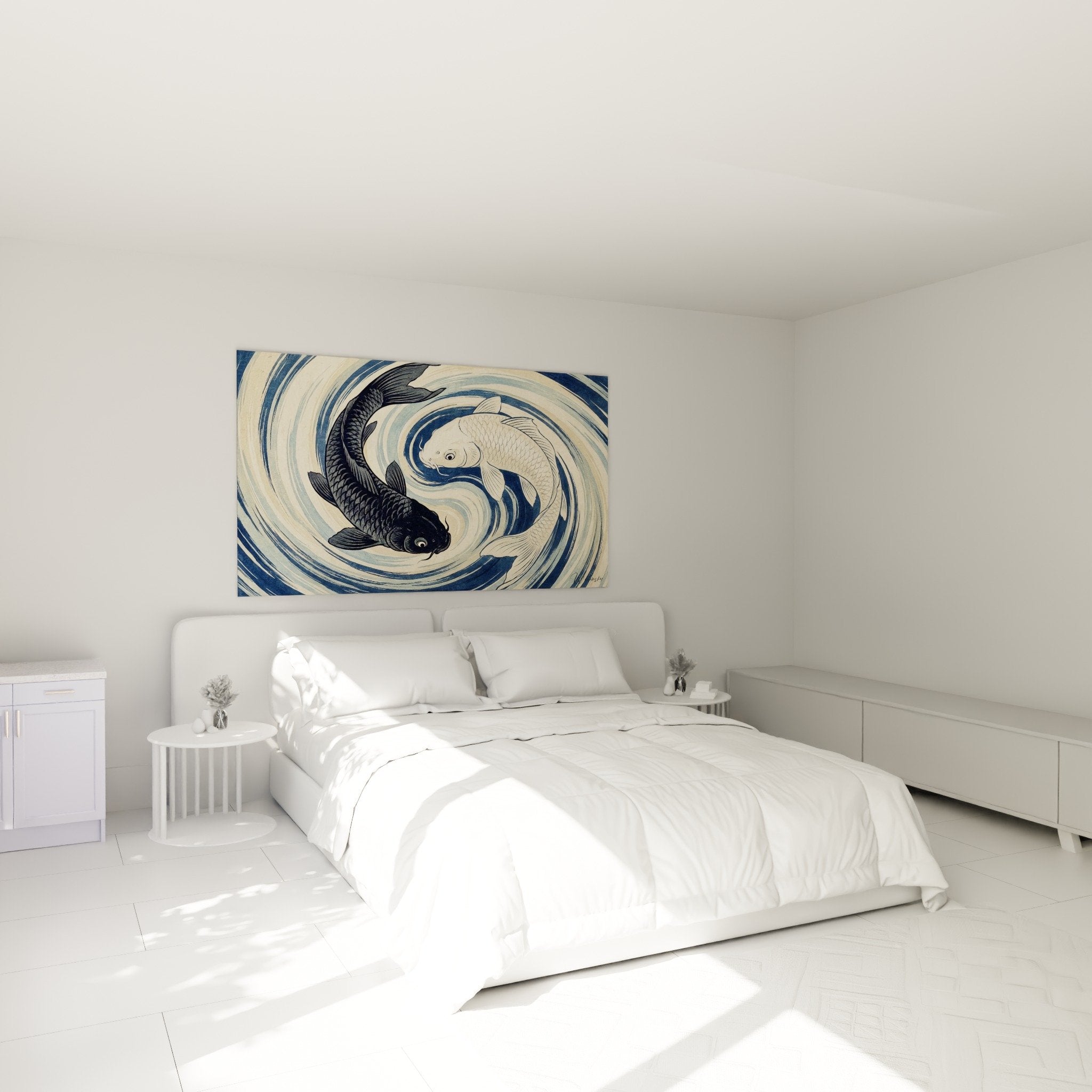 Tableau carpes yin yang bleu beige décorant une chambre moderne aux tons neutres ambiance zen