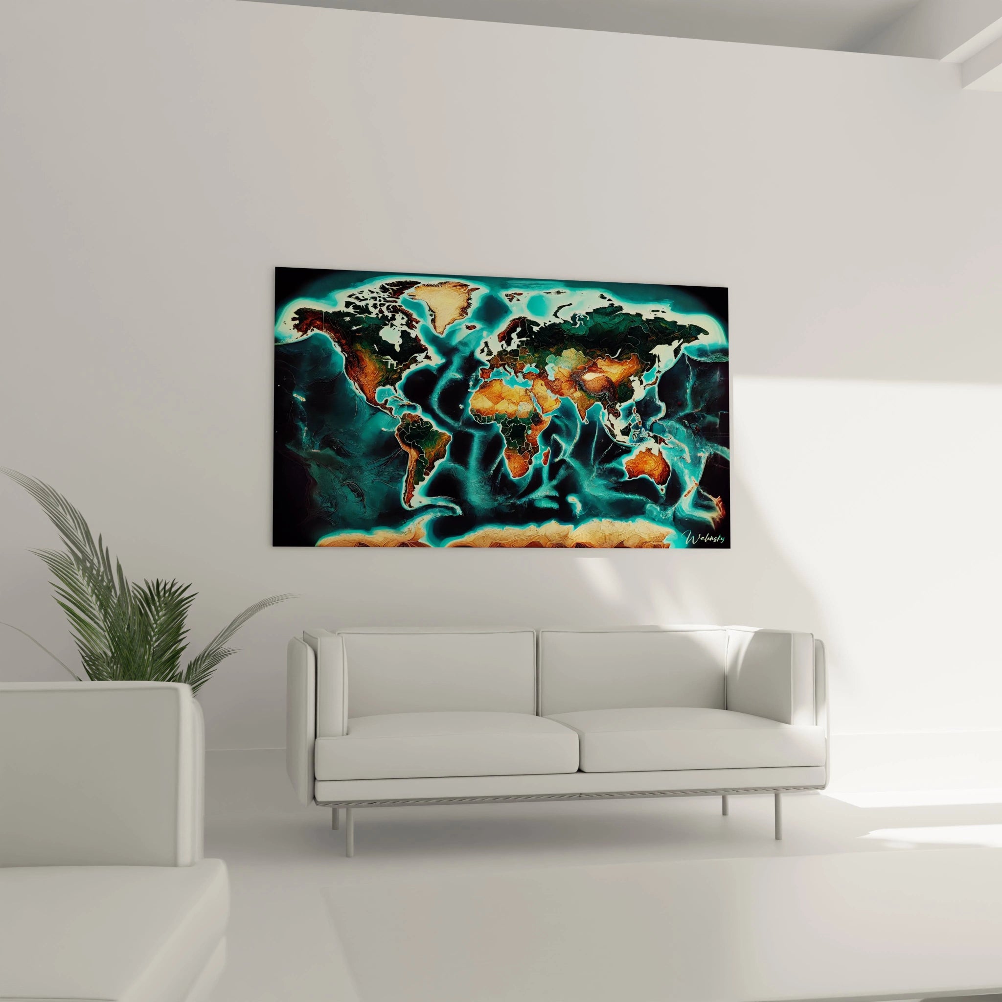 Tableau carte du monde accroché au salon au dessus du canapé effet visuel saisissant tons marron bleu et bronze avec contrastes modernes idéal pour point focal dans un décor chaleureux