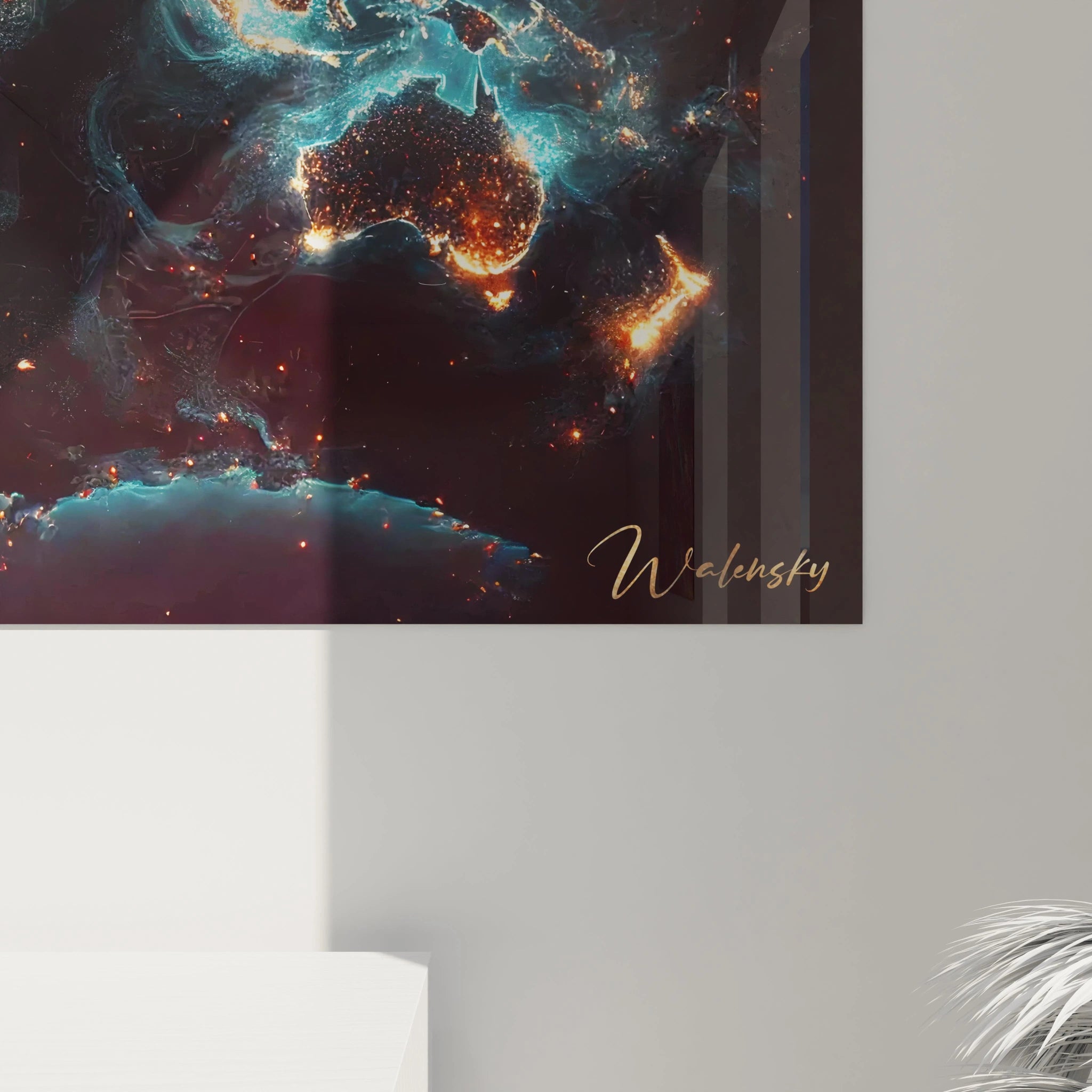 vue rapprochée du tableau carte du monde détails précis des continents effets lumineux dorés et bleus contrastés reliefs modernes et textures artistiques inspirés de vues satellites nocturnes