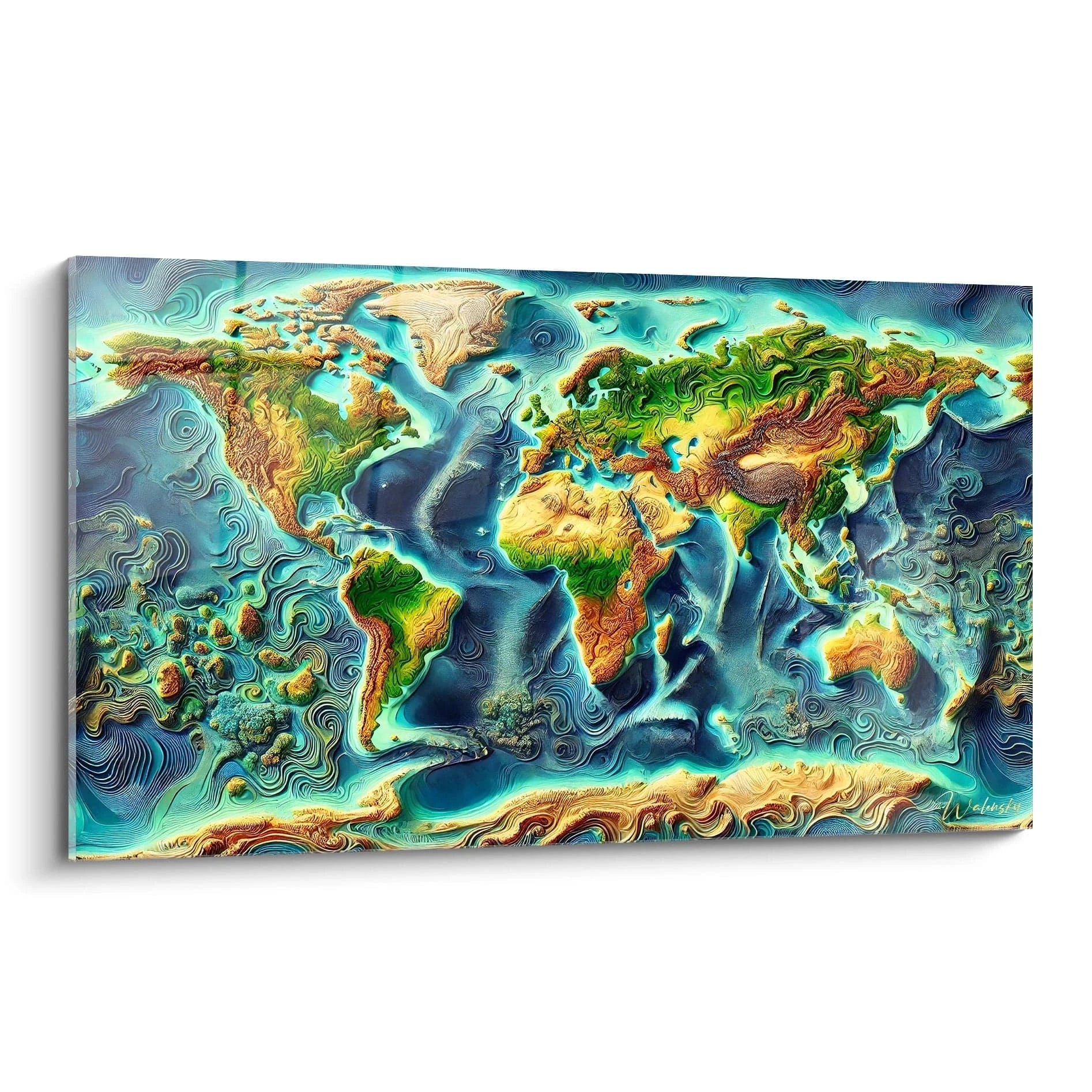 tableau carte du monde vu de biais avec reliefs de continents verts et bleus inspire par la topographie et les courants marins profondeur renforcee par le verre acrylique effet moderne et lumineux