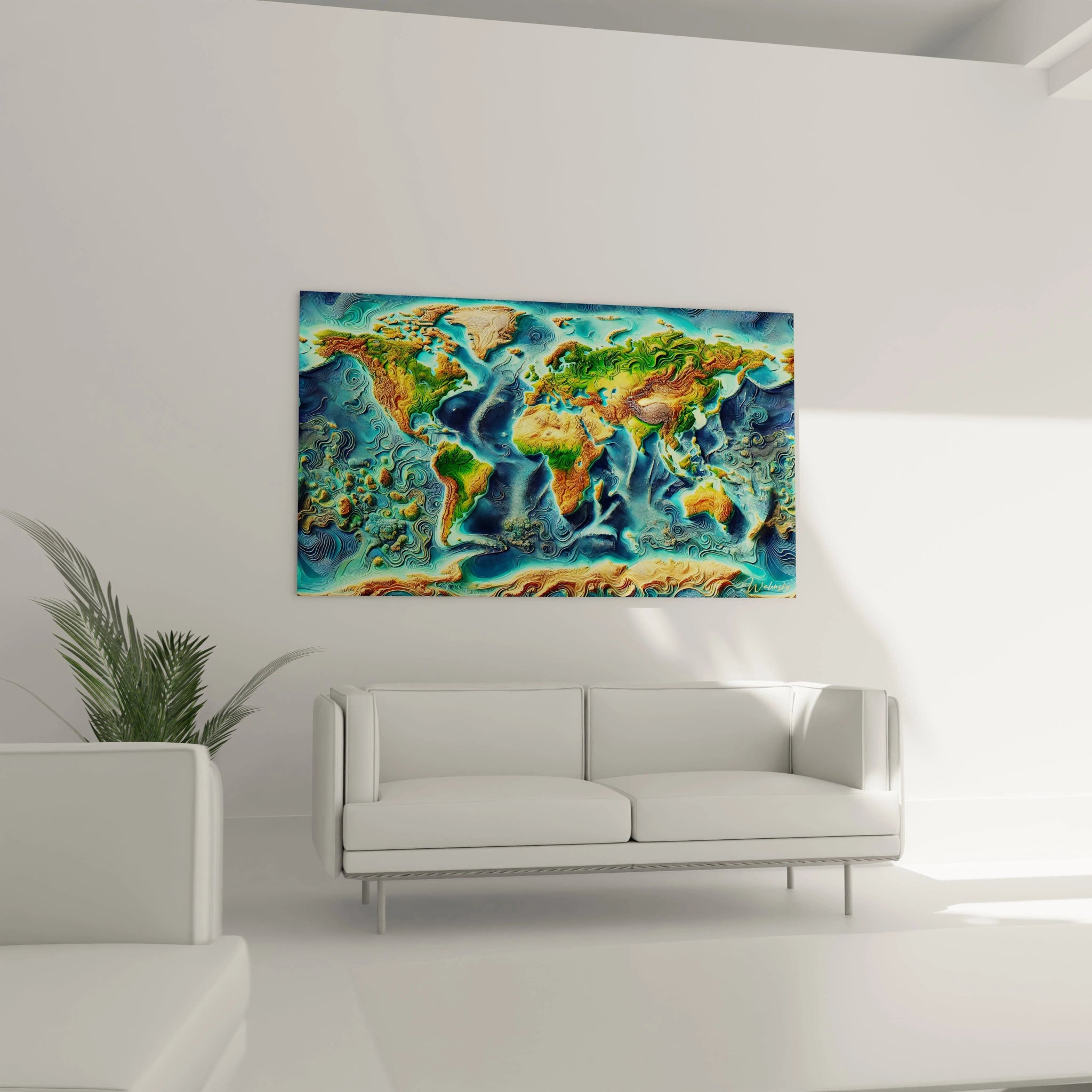 tableau carte du monde dans un salon au dessus dun canape representation semi abstraite des continents et des vagues nuances terreuses et oceaniques effet focal vibrant et decoratif design moderne