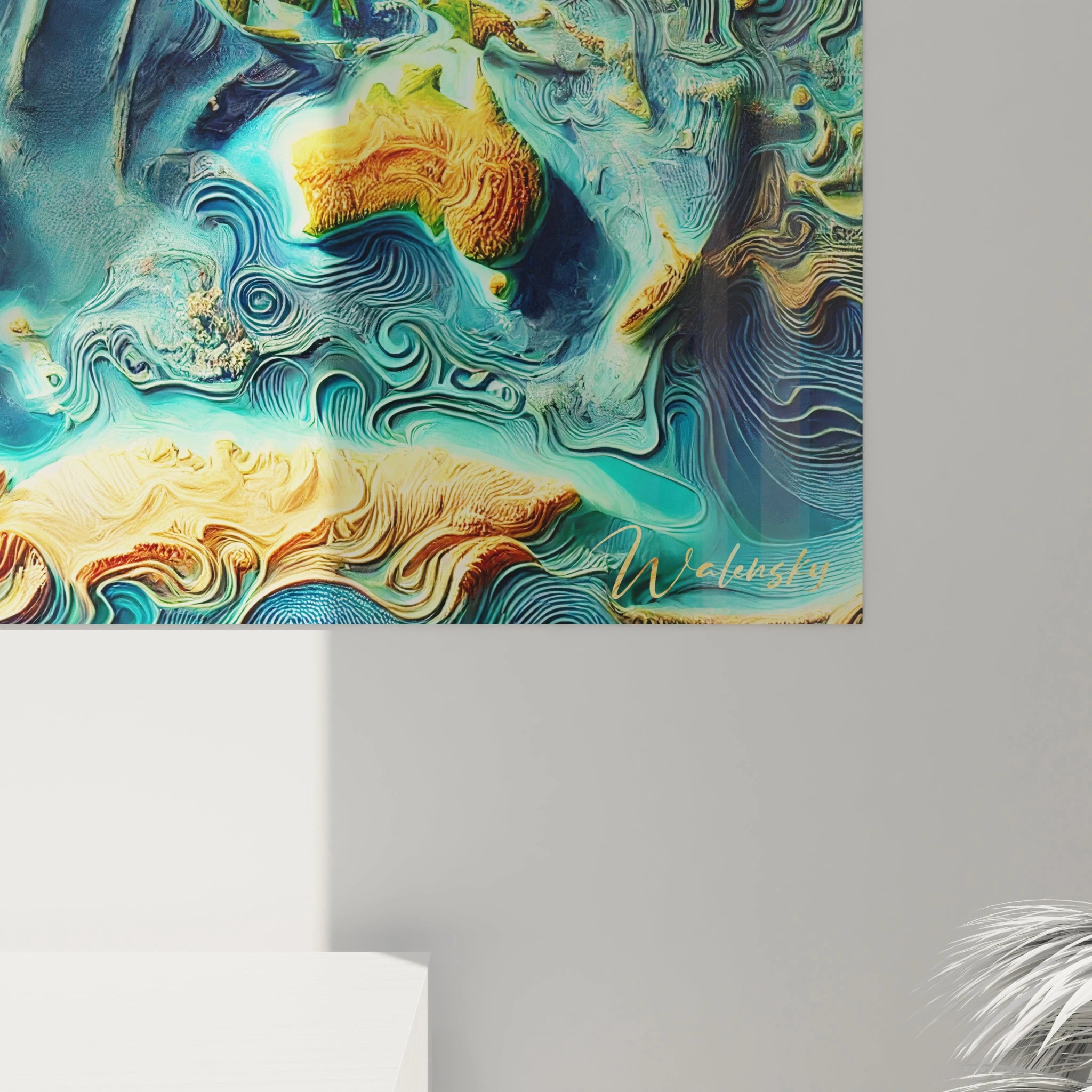 vue rapprochee du tableau carte du monde details des reliefs texturés nuances de bleu et vert fluides continents sculptes et oceaniques mouvement dynamisant inspire de la geographie naturelle