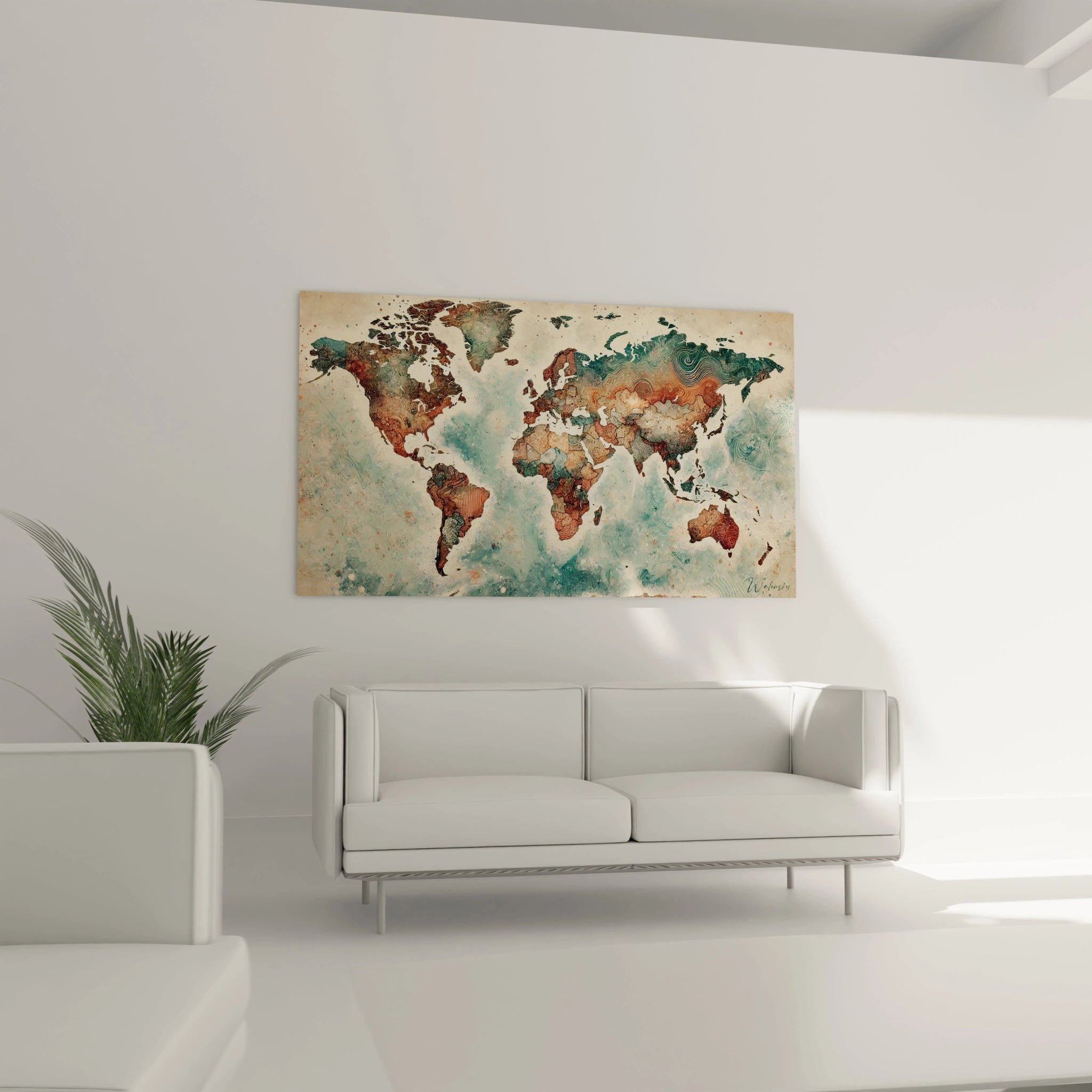 tableau carte du monde accroché au mur dun salon au-dessus dun canapé nuances marron bleu beige reliefs naturels subliment lélégance et la chaleur dune décoration moderne et authentique