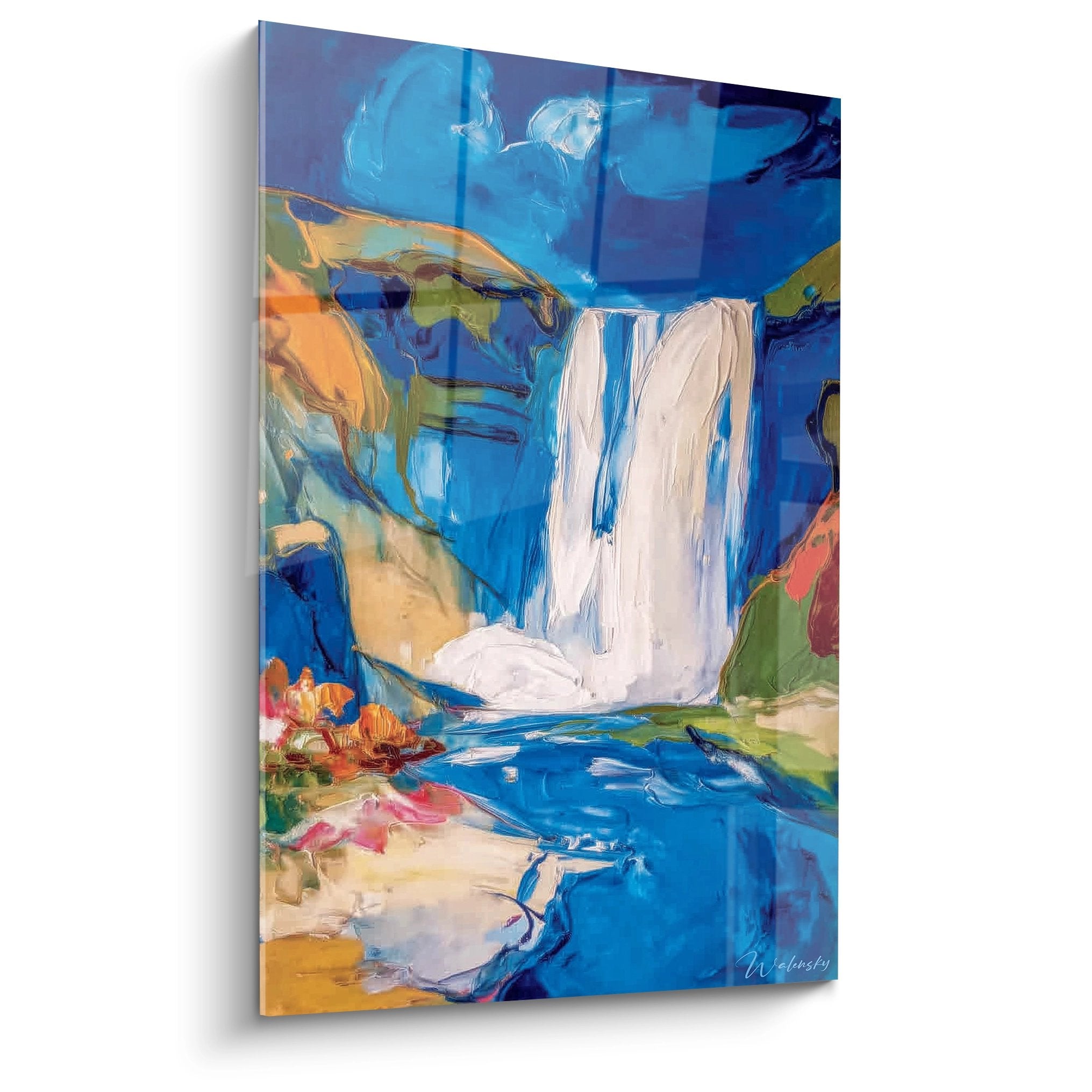 Tableau mural cascade abstraite bleue avec chute d'eau stylisée et roches colorées - art moderne décoratif