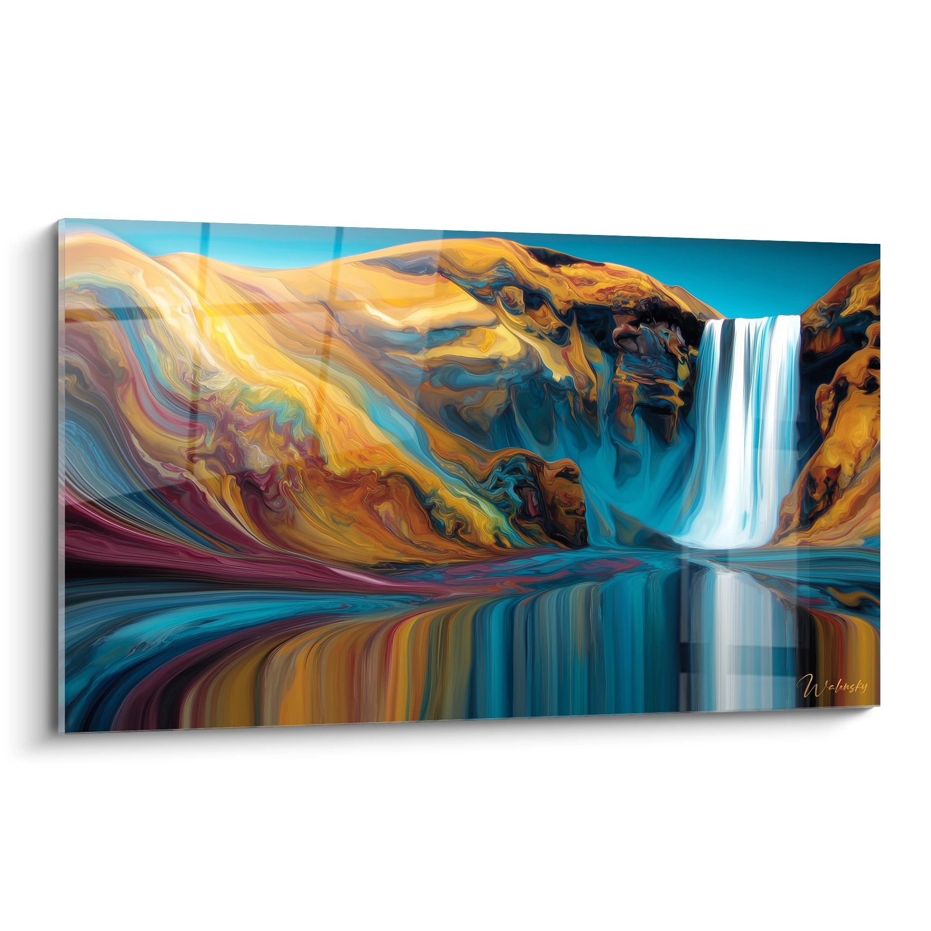 Tableau cascade abstraite aux couleurs vives avec chute d'eau et roches colorées style moderne