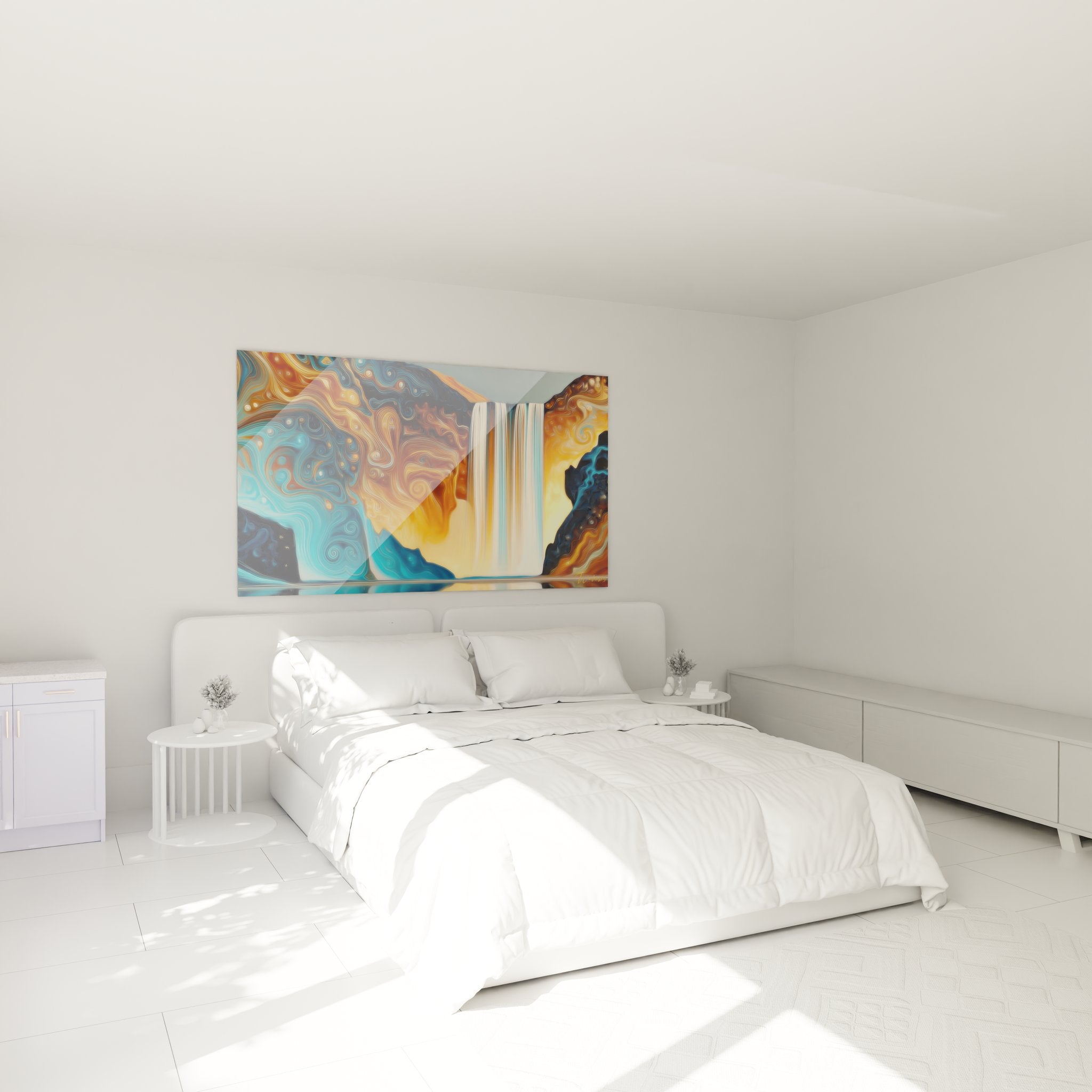 Tableau cascade abstraite moderne installé dans une chambre contemporaine élégante