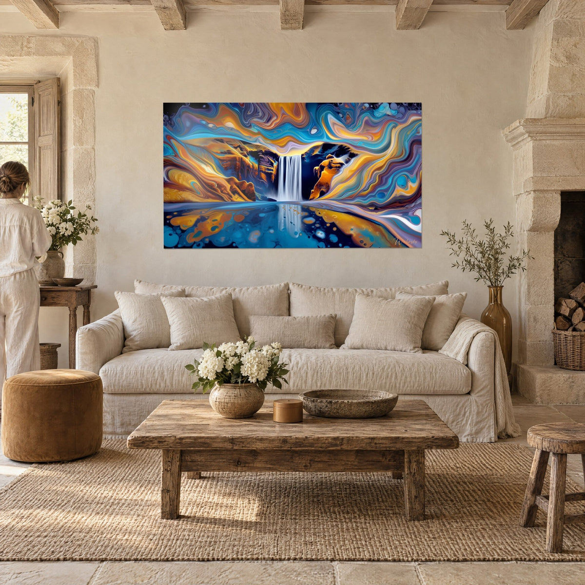 Gemälde psychedelischer Wasserfall in orangefarbenen und türkisen Wirbeln, Person von hinten, über einem Sofa in einem hellen Wohnzimmer