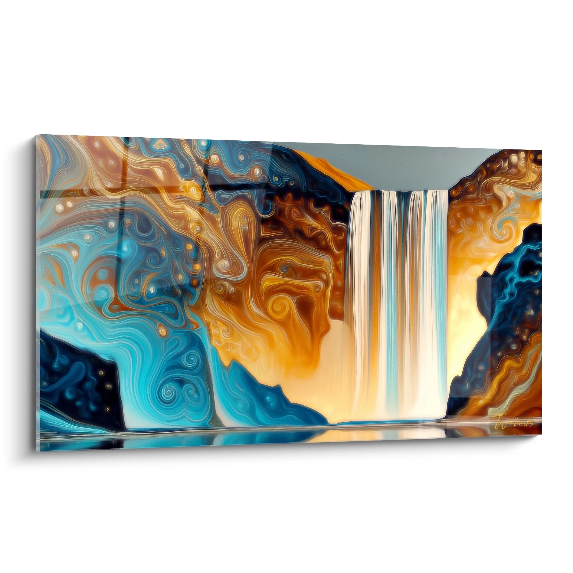 Tableau mural cascade abstraite aux motifs fluides dorés et bleus, art moderne décoratif