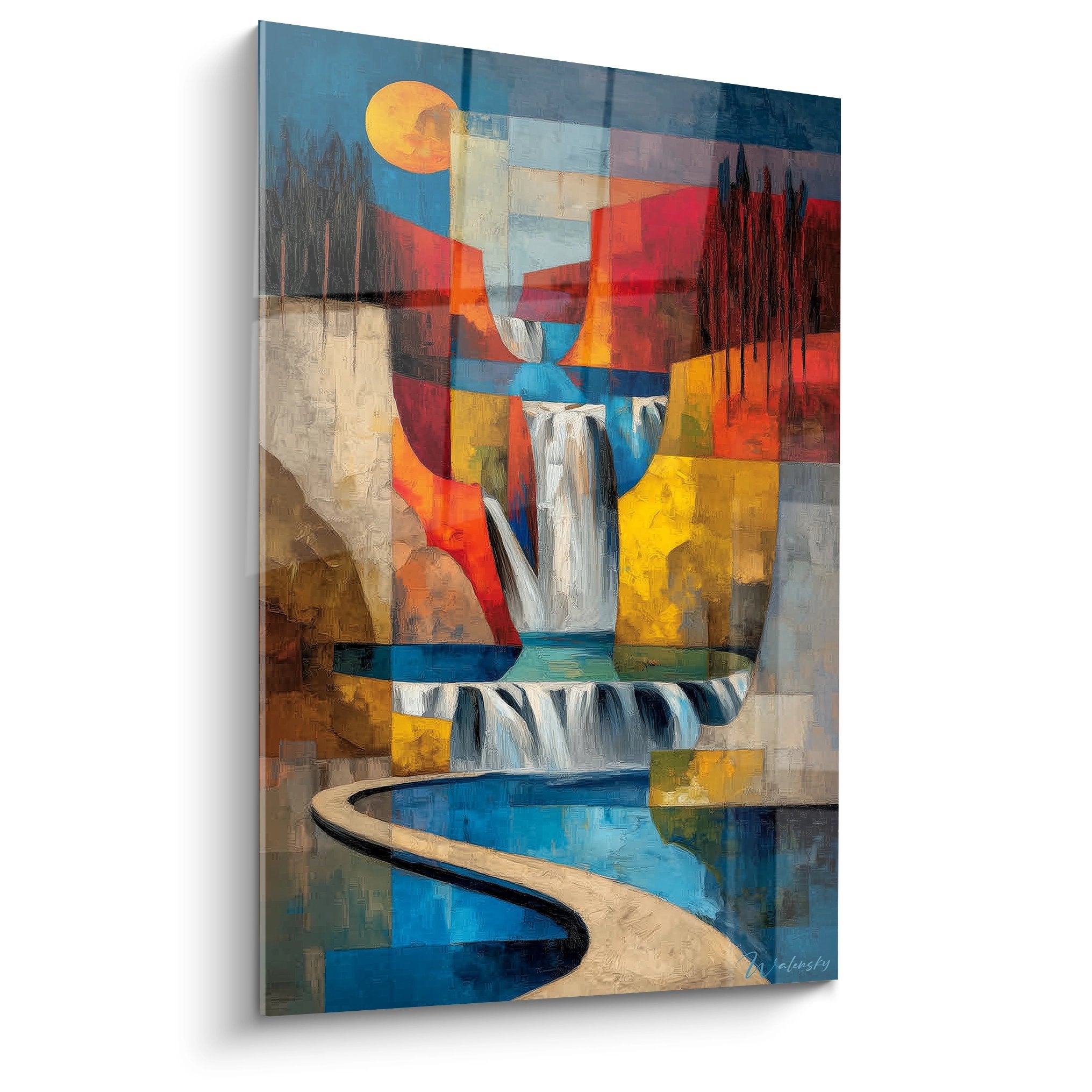 Tableau mural cascade abstraite géométrique avec formes colorées et chute d'eau stylisée édition Lac