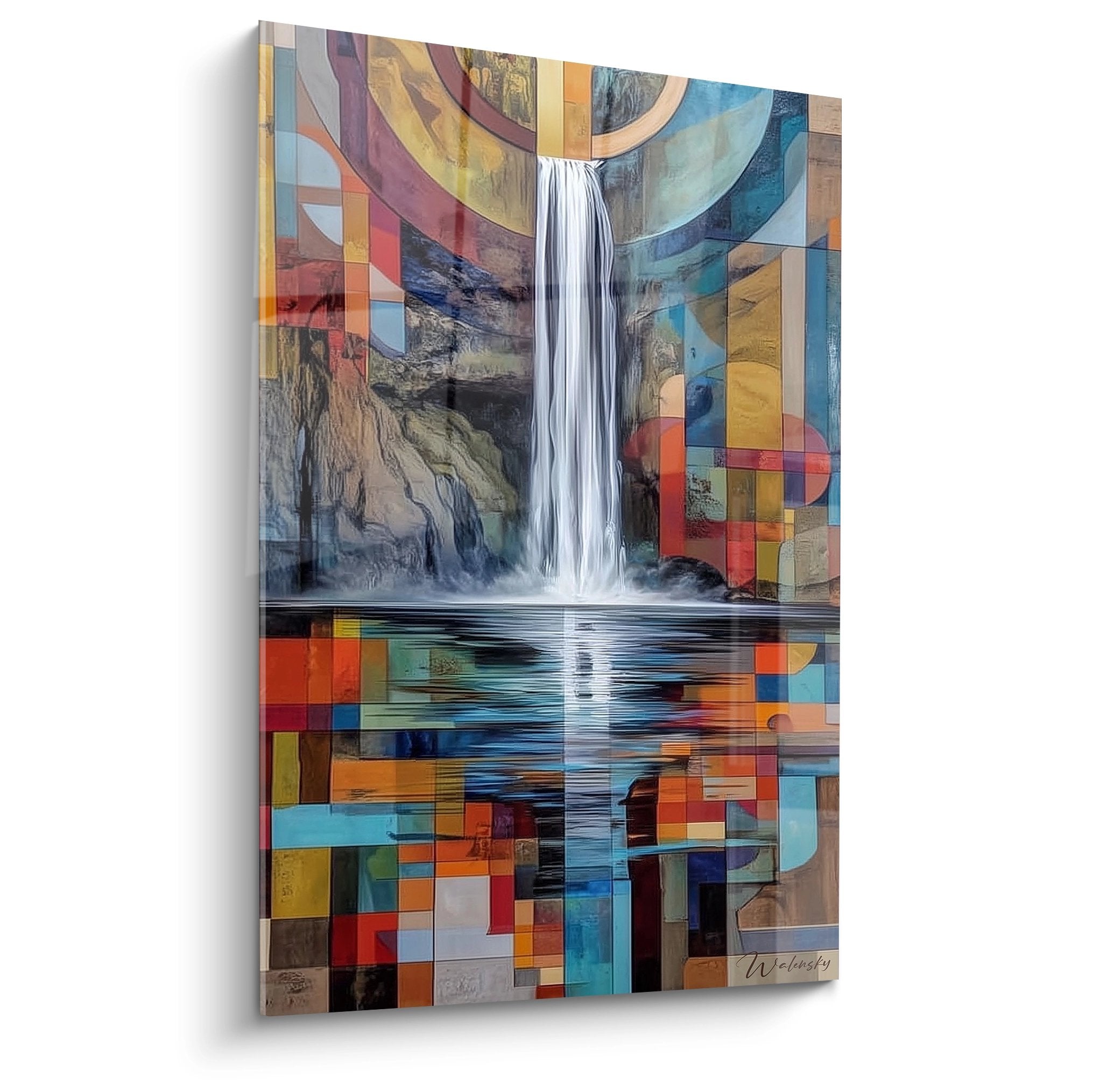 Tableau mural cascade abstraite géométrique avec formes colorées et chute d'eau réaliste - art moderne